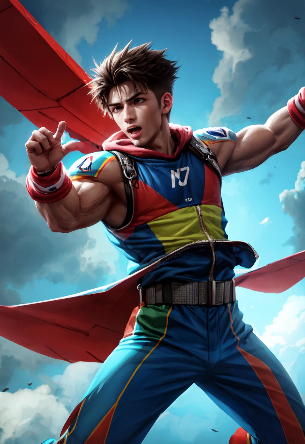 anime style, male superhero with red full body uniform, yellow sneakers, red hat with two antennae sticking out of it, heart symbol on chest. --auto --s2