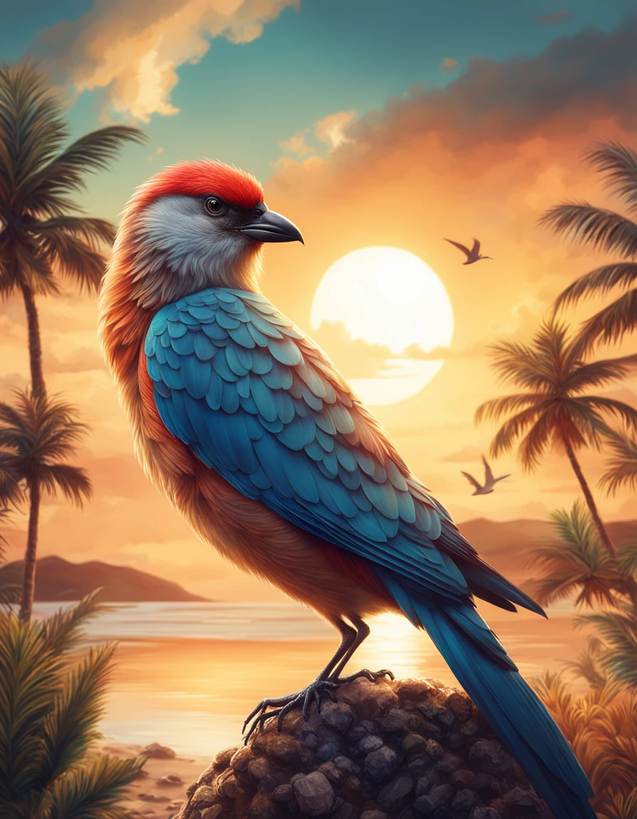 movie poster, portrait photo <lora:birb:0.8> Style (Bird:1.3) (beautiful majestic bird:1.4) sitting on a tree, desert island background, palm trees, beach, fluffy clouds in the sky, outrun, vaporware, trending on artstation, highly detailed, fine detail, intricate, (lens flare:0.9), (backlighting:0.9), (bloom:0.9), [Style-Micro::20], plants in foregroundmovie poster, portrait photo <lora:birb:0.8> Style (Bird:1.3) (beautiful majestic bird:1.4) sitting on a tree, desert island background, palm trees, beach, fluffy clouds in the sky, outrun, vaporware, trending on artstation, highly detailed, fine detail, intricate, (lens flare:0.9), (backlighting:0.9), (bloom:0.9), [Style-Micro::20], plants in foreground