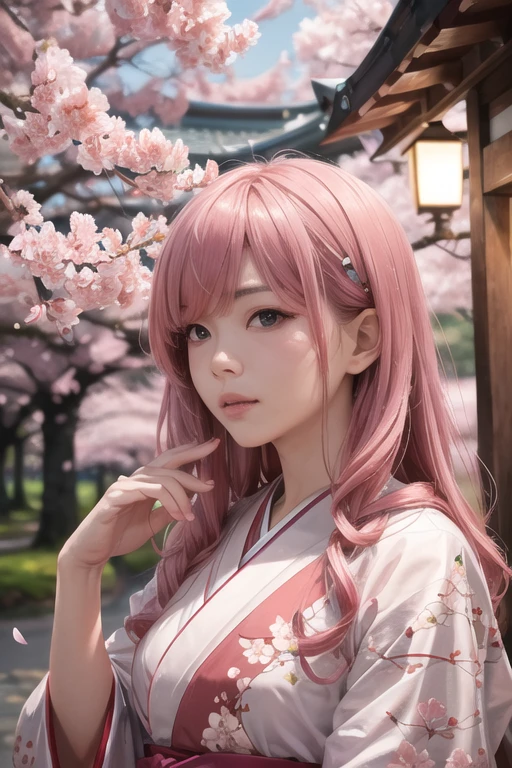 1girl,28yo,japanese,miko,pink hair,black eyes, cherry blossoms,sharp focus,shrine, cinematic lighting,highres, realistic,