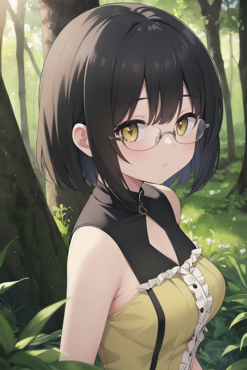 masterpiece, best quality, cute,
short hair, black hair, yellow eyes, medium breasts, dress, frills, glasses,
depth of field, forest, field, close-up,