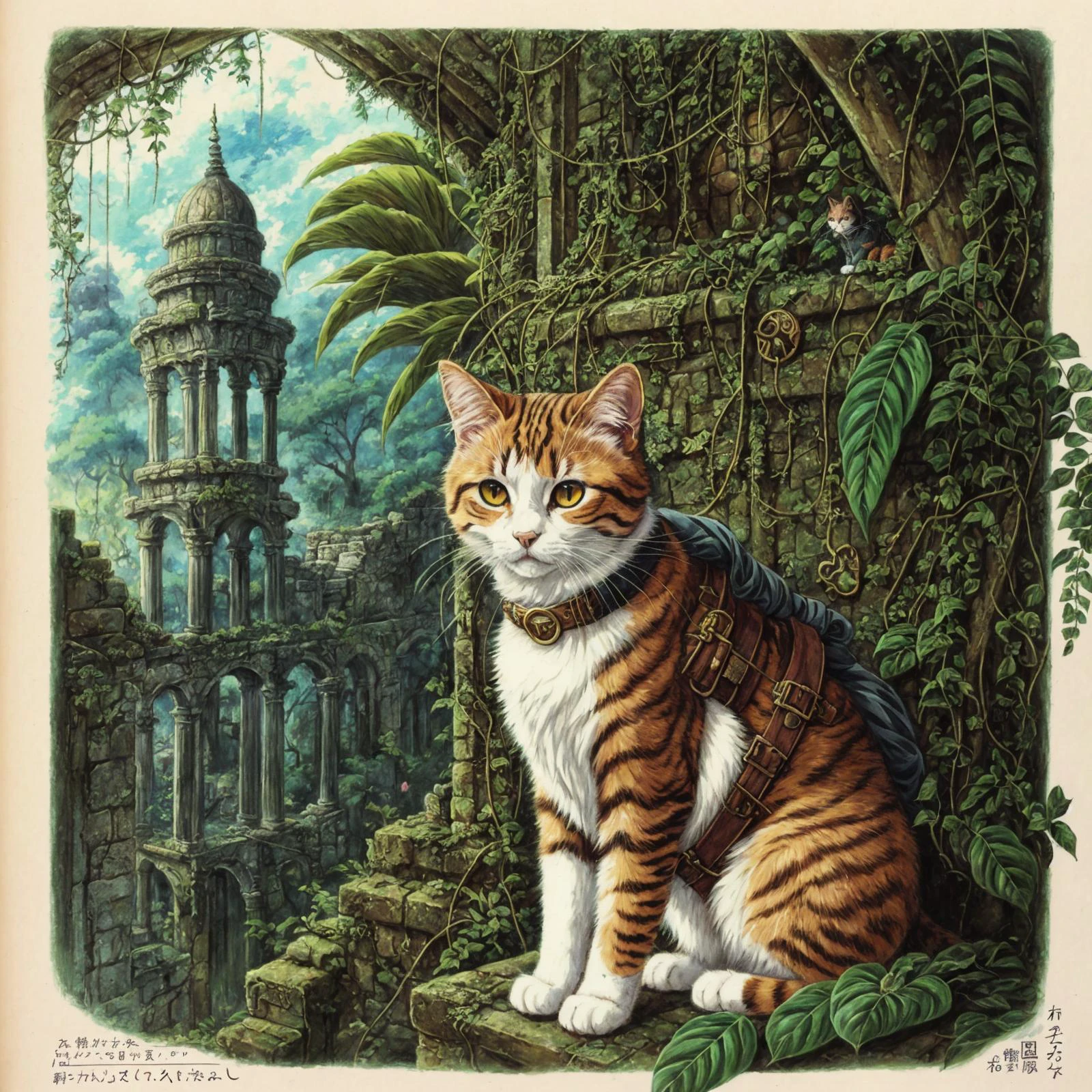 (anime_art:1.3), drawing, a cat, (adventurer outfit), lush_jungle, epic ruins, amazing details, amazing quality, masterpiece, (close up)