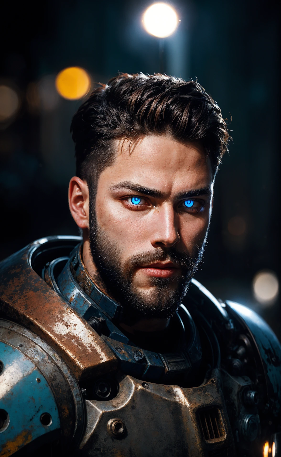 Portrait photo of muscular bearded guy in a worn mech suit, ((light bokeh)), intricate, (steel metal [rust]), elegant, sharp focus, photo by greg rutkowski, soft lighting, vibrant colors, (masterpiece), ((streets)), (detailed face:1.2), (glowing blue eyes:1.1) <lora:FilmVelvia3:0.4>  <lora:more_details:0.6>