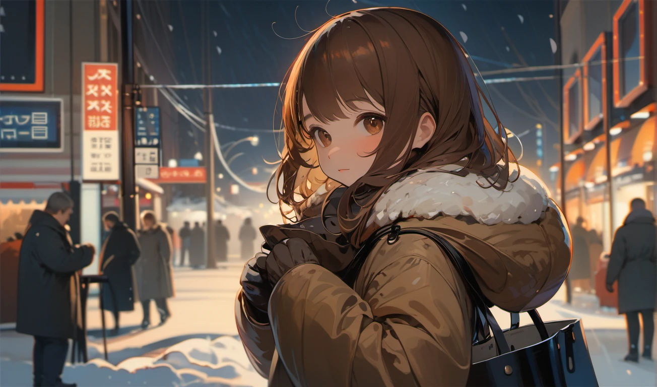 masterpiece, best quality, 1girl in city, hloding bag, looking at viewer, winter clothes, cute, solo, brown hair, brown eyes, pixiv, depth of field, night