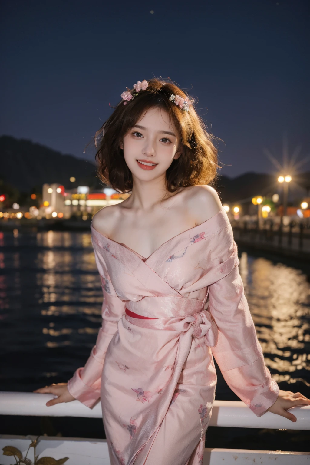 Best quality, masterpiece, ultra high res, photorealistic, raw photo, unity 8k wallpaper,firework background, riverside, wind,night,city lights,cowboy shot,film grain, Fuji XT3,
1girl,pink print kimono, laughing,happy,blush,melowh, encanto, off shoulder, against railing, head tilt, curly hair, floating hair, flower headwear, <lora:MengX girl_Mix_v30:1>