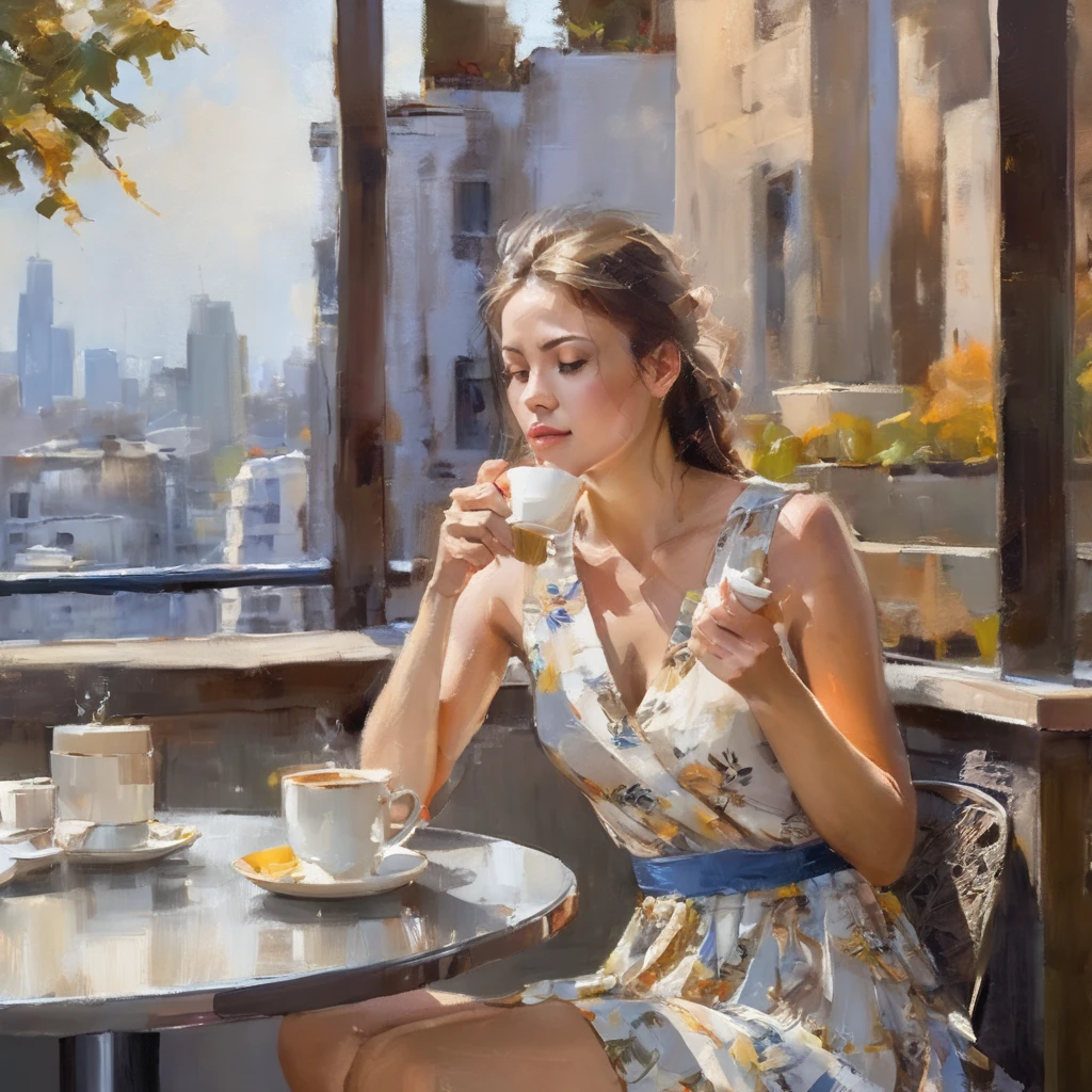 bichu,masterpiece,oil painting,cinematic scene, 20 year old girl, sitting at outdoor cafe balcony, high rise city background, holding coffee cup pausing for a sip, sunshine lighting her face, relishing the aroma, focused placid expression, wearing stylish sundress, natural makeup look, intricate wood table details, compatibility and coziness, soft bokeh of traffic below, extremely detailed portrait, photorealistic materials, contentment during me-time, high resolution, shallow depth of field