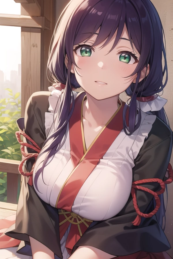 nozomitoujou, <lora:nozomitoujoutest:1>,
nozomi toujou, (green eyes:1.5), purple hair, twintails, low twintails, scrunchie, long hair, (large breast:1.2),
BREAK hakama, hakama skirt, japanese clothes, miko, red hakama, long sleeves,
BREAK looking at viewer,
BREAK outdoors, shrine,
BREAK <lora:GoodHands-vanilla:1>, (masterpiece:1.2), best quality, high resolution, unity 8k wallpaper, (illustration:0.8), (beautiful detailed eyes:1.6), extremely detailed face, perfect lighting, extremely detailed CG, (perfect hands, perfect anatomy),