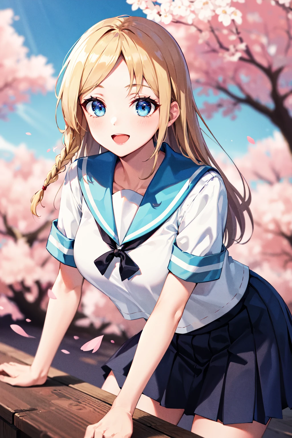 masterpiece, best quality, highres, bbhayasaka, single braid, medium breasts, school uniform, serafuku, blue sailor collar, sailor shirt, white shirt, short sleeves, pleated skirt, blue skirt, <lora:hayasaka_ai_v2:0.7>, leaning forward, smile, open mouth,  cherry blossoms, outdoors