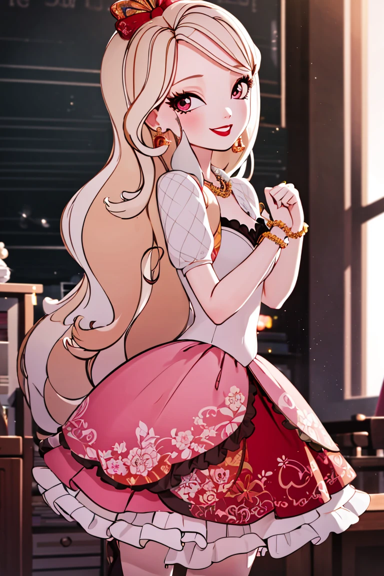 ((masterpiece,best quality)), absurdres,
<lora:Apple_White_EAH:0.7>, Apple_White_EAH, pink skirt,
solo, smiling, looking at viewer, cowboy shot,
school background, cinematic composition, dynamic pose,