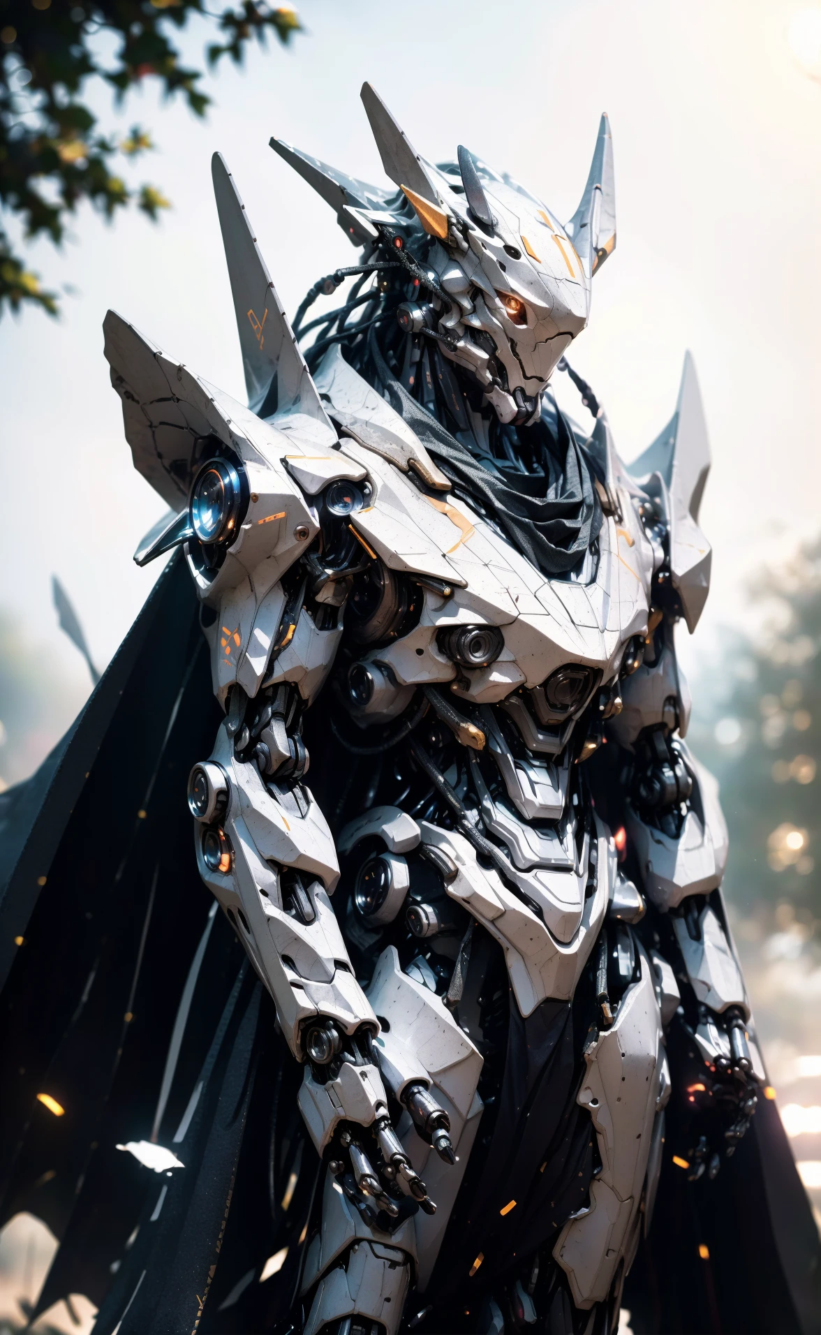 cgmech, (realistic)
solo, white mecha robot, cape, science fiction, torn clothes, glowing, standing, robot joints, mecha, armor, cowboy shot, (floating cape), intense sunlight, silver dragonborn, outdoors, landscape, nature
, ((masterpiece, best quality)),  <lora:cgmechmix_offset:1><lora:more_details:0.3>  <lora:Niji:0.5><lora:dragonborn_offset:0.7>
, volumetrics dtx, (film grain, blurry background, blurry foreground, bokeh, depth of field, motion blur:1.3)