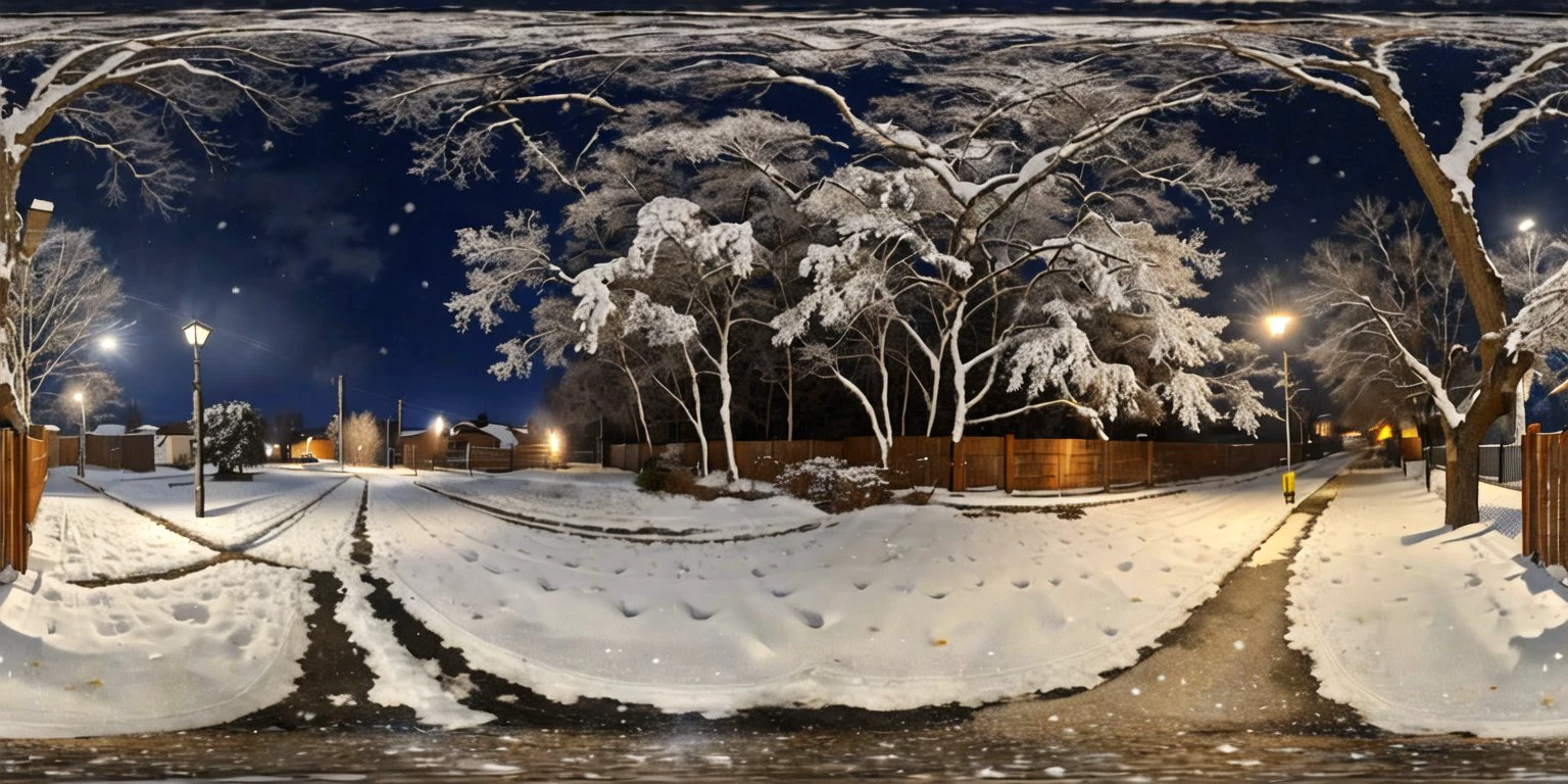 <lora:360:1>, panorama,
<lora:TheNightFeeling2:1.0>, thenightfeeling,
snow covered street with a tree and fence at night time with a street light in the distance and a snow covered sidewalk, dark, night