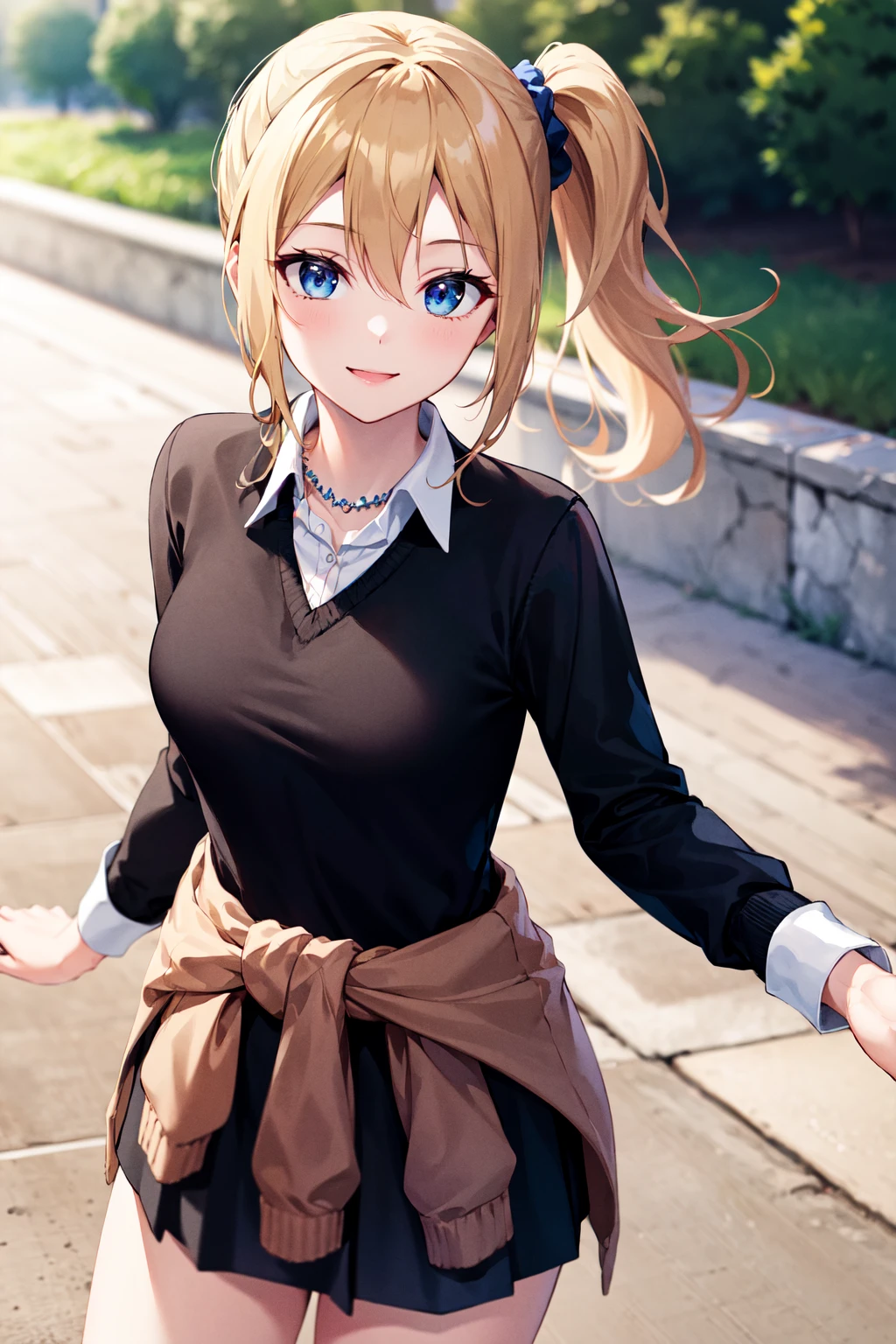 masterpiece, best quality, highres, aahayasaka, side ponytail, medium breasts, necklace, collared shirt, (black sweater:1.1), long sleeves, clothes around waist, black skirt, <lora:hayasaka_ai_v2:0.7>, smile, cowboy shot, standing, outdoors,