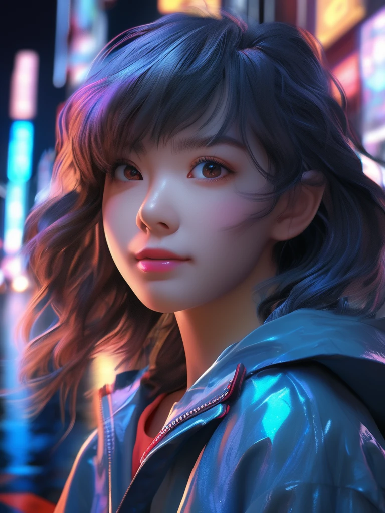 masterpiece, best quality, half body, portrait, night city, 1girl, anime, 3D, Japan, pixar, realistic, teen girl, smiling, cute face, harajuku fashion style, rain coat, beautiful, colourful, neon lights, cyberpunk, smooth skin, illustration, artstation, painting by stanley artgerm lau, sideways glance, foreshortening, extremely detailed 8K, smooth, high resolution, ultra quality, highly detail eyes, highly detail mouth, highly detailed face, perfect eyes, both eyes are the same, true light, glare, Iridescent, Global illumination, real hair movement, real light, real shadow, real face, hd, 2k, 4k, 8k, 16k, realistic light, realistic shadow, bright Eyes, fluorescent eyes, soft light, dream light, (masterpiece,best quality:1.5)