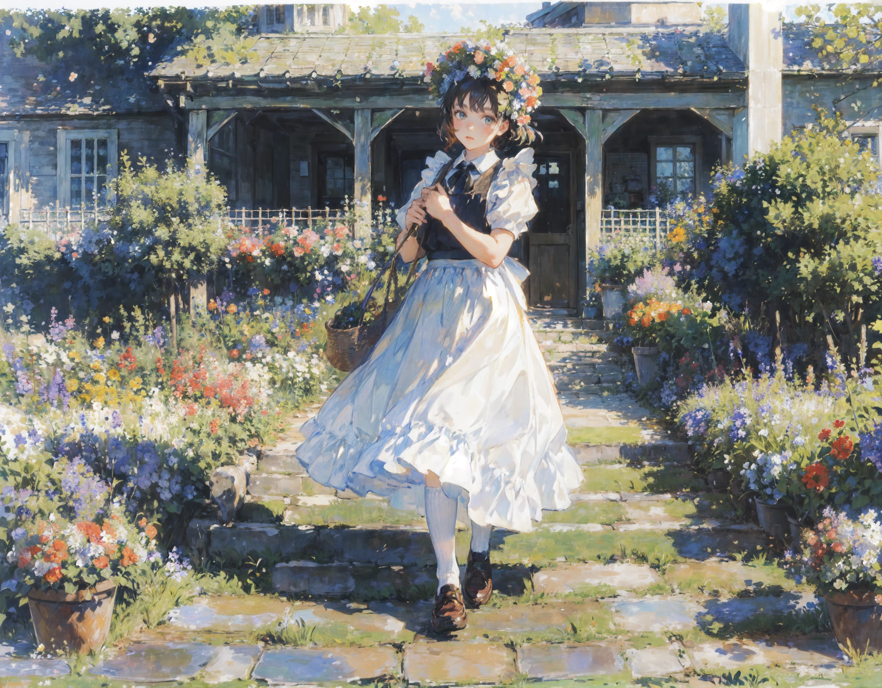Painting of a woman in a white dress standing in a garden - SeaArt AI