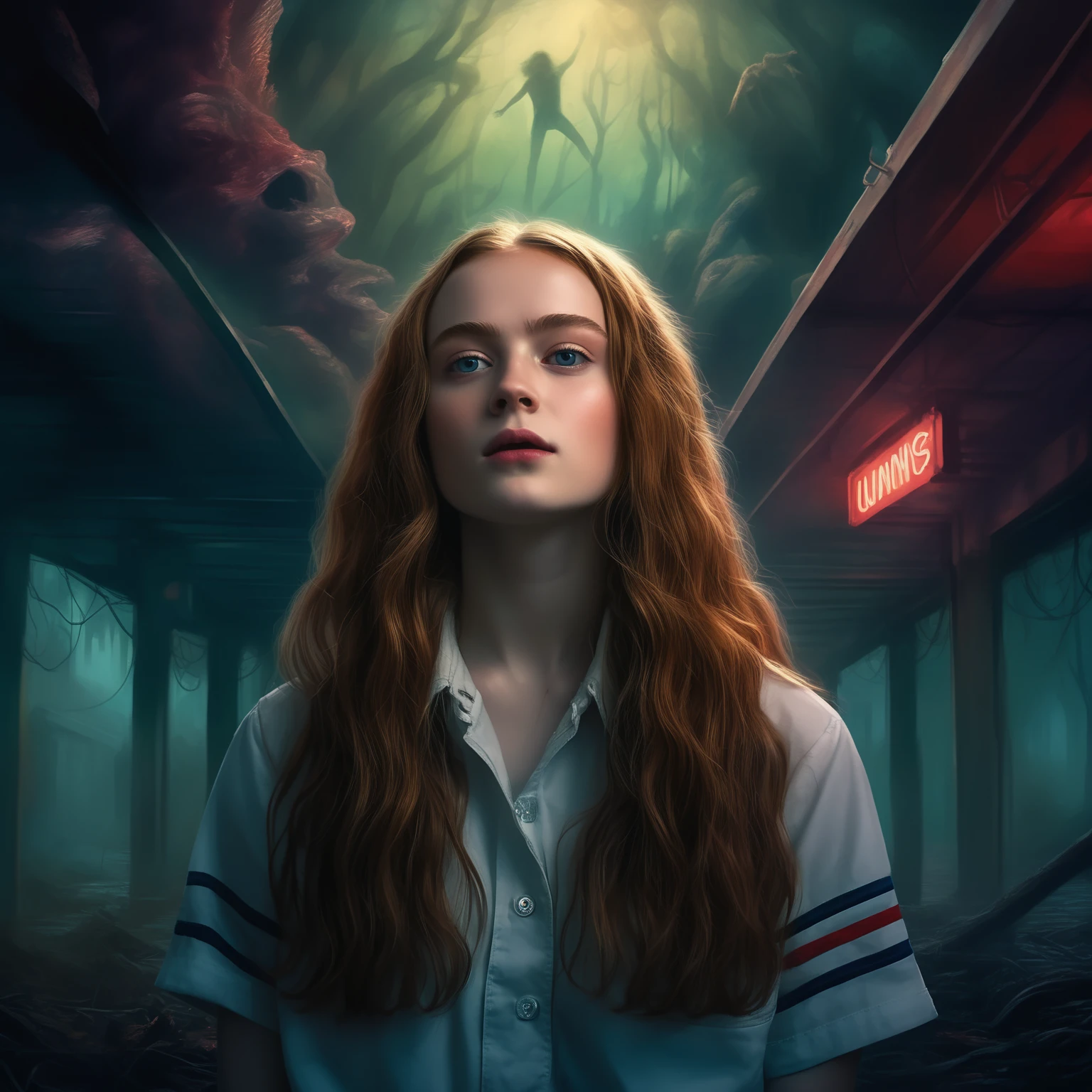 ohwx woman in unsettling frightening stranger things upside down, long hair, digital art by greg rutkowski and thomas kinkade in a surreal portrait style. high detailed 8k wallpaper with comic book text on it! trending atrstation!! muted colours!!! very coherent symmetrical artwork!!!! conceptart contest winner award winning masterpiece beautiful landscape painting of the year 2032 sunset dramatic dark atmospheric cinematic lighting low angle hd 4x <lora:sadie_lora_sdxl_v4-000006:1>
