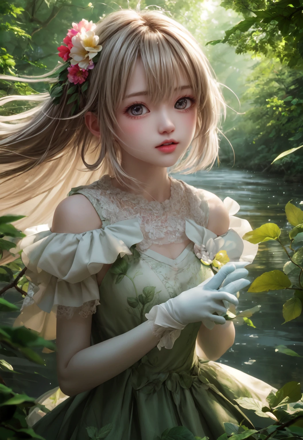 Anime girl in a green dress holding a flower in her hand - SeaArt AI