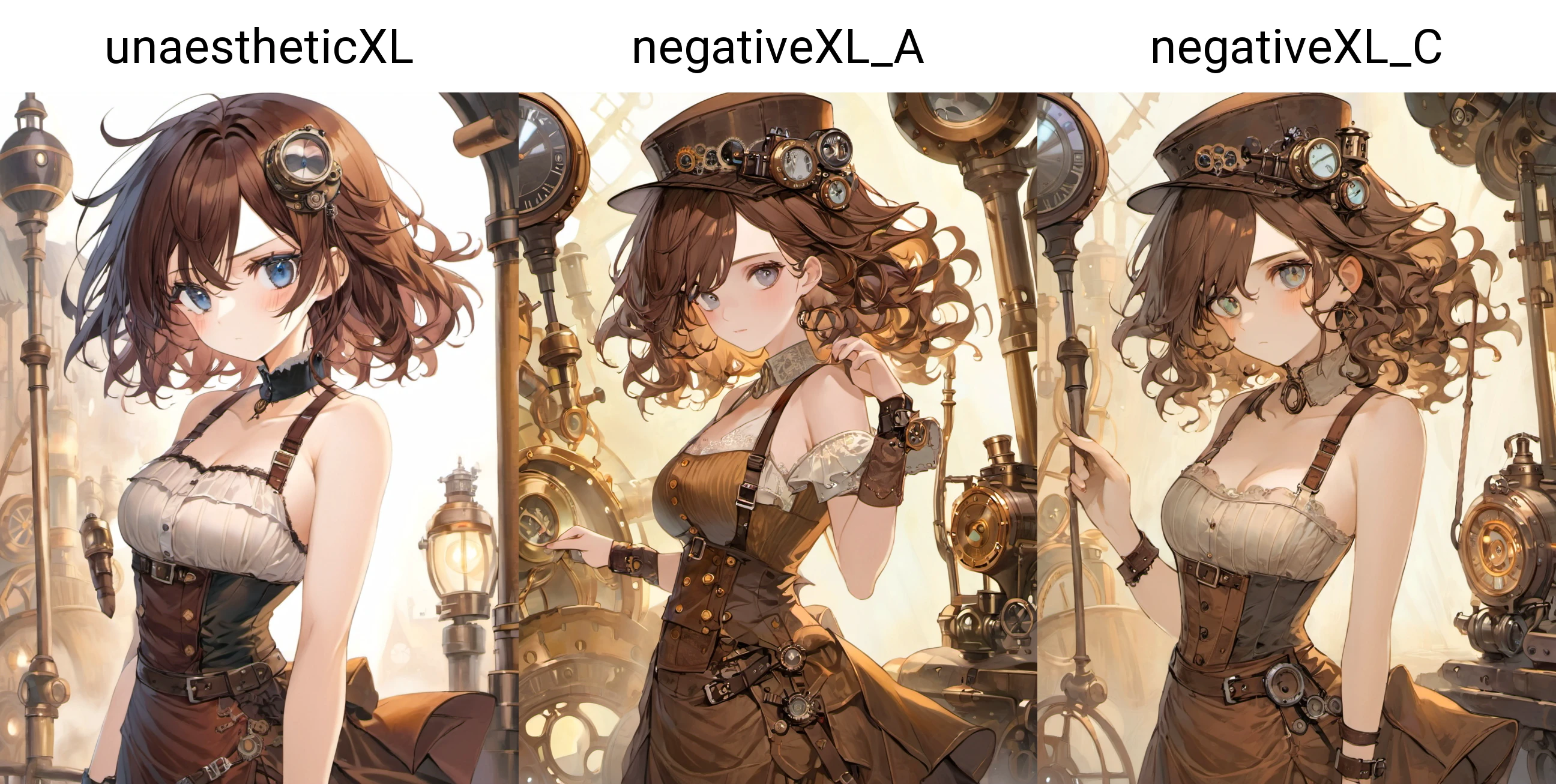 1girl, medium hair, wavy hair, parted bangs bangs, camisole skirt straps , steampunk theatereen eyes,