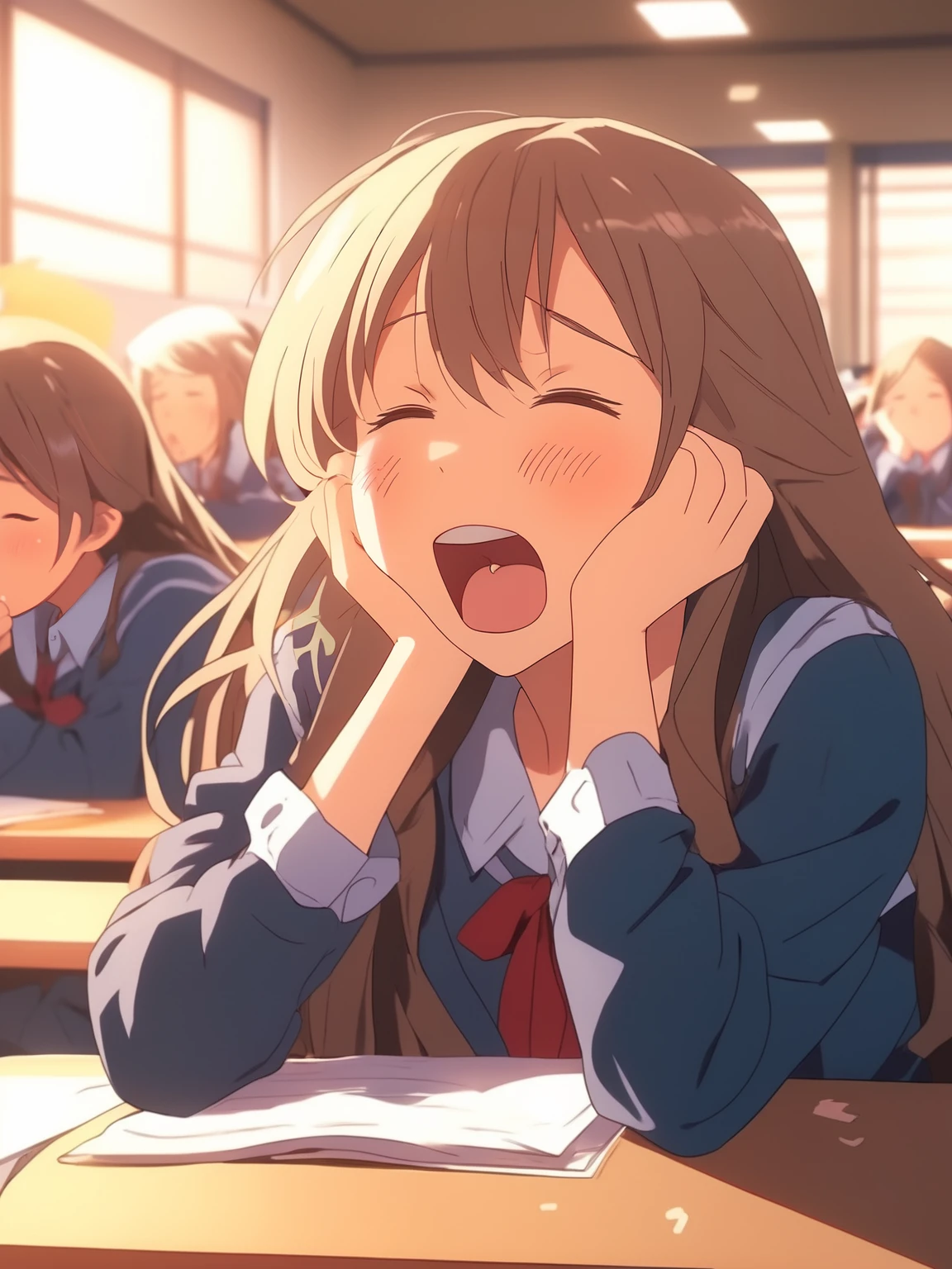 cute anime girl, 2d, high school girl sitting in class yawning from sleep, romantic scene, dim lighting, sleepy eyes with tears at the corner of her eye, beautiful long eyelashes, close scene
