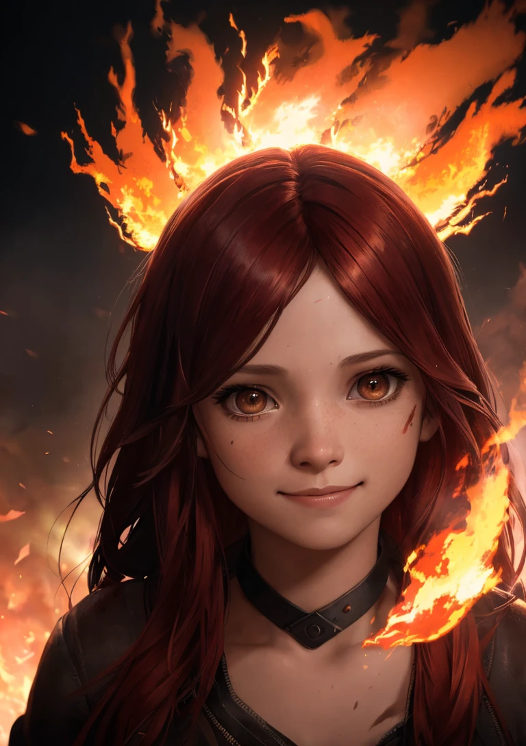 analog style, model shoot style, (close portrait:1.7, high-quality photo) of a (girl), (1girl), (red hair:1.5, long hair), ((hair in fire:1.5)),
((smile, innocent face: 1.5, perfect face:1.5)), (best quality, masterpiece, hyper-realistic lights, hyper-realistic shadows, hyper-realistic reflections), (octane render, unreal engine 5), 
(illustration by lee jeffries, Greg Rutkowski and Magali Villanueva, contest winner:1.2)