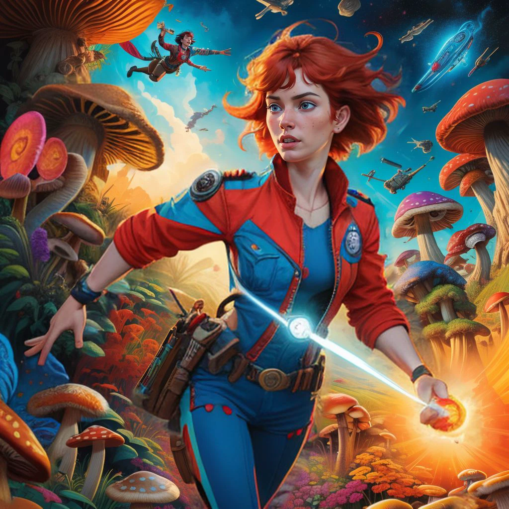 extremely detailed and realistic (brightly colored digital comic art with stroked outlines),
Jia Lissa, Buckaroo Banzai Across the 5th Dimension, mushrooms, acid, flying pocket watches, vibrant colors, temporal vortex,