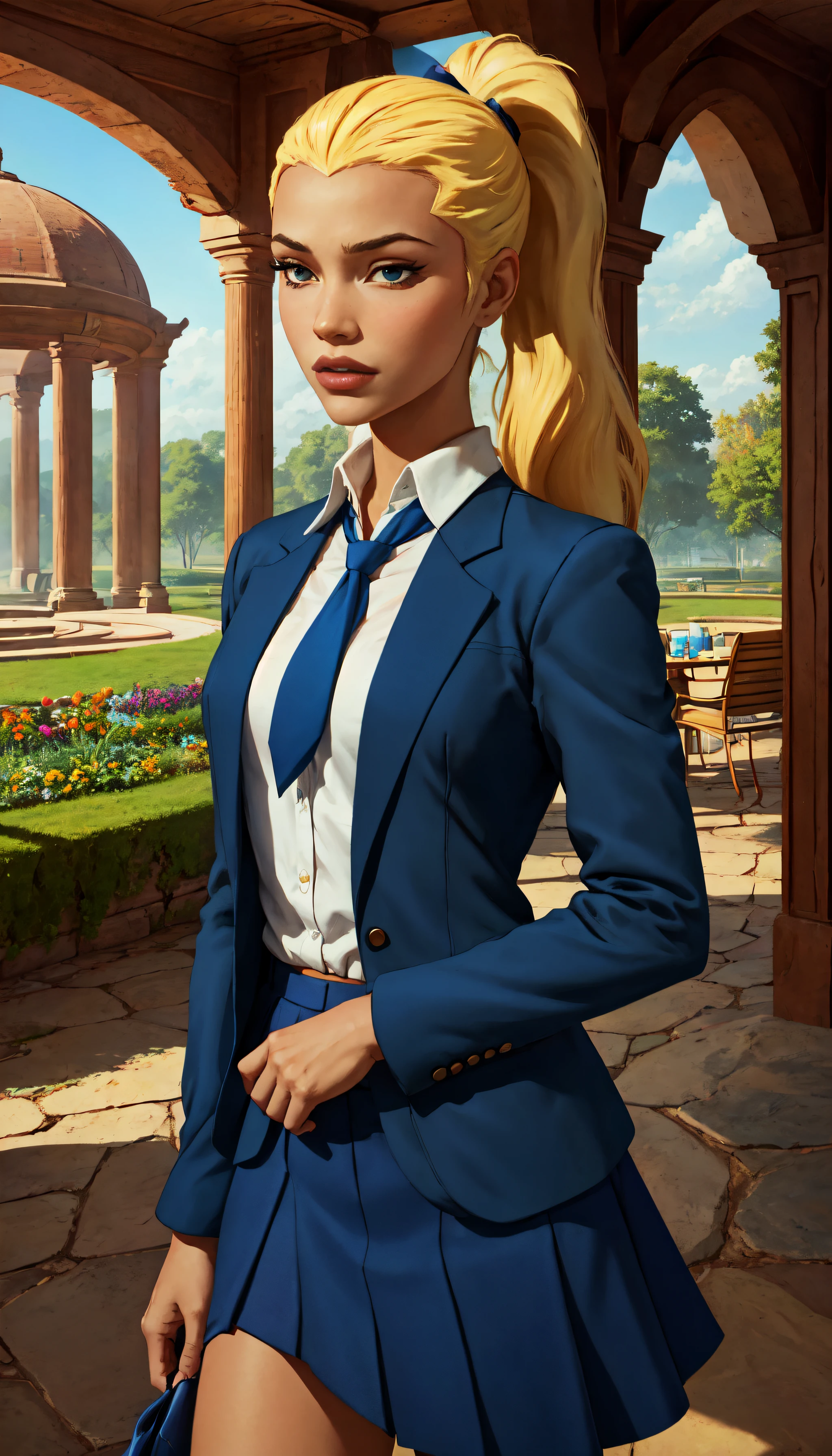 (cowboy shot), (masterpiece, best_quality, ultra-detailed, immaculate:1.3), epic, illustration,
BREAK
<lora:ArtemisYJ_CosineAlt-000023:0.8> ArtemisYJ, ponytail
(blue blazer), white shirt, red necktie, skirt, preppy
BREAK
(courtyard, garden, outdoors, gorgeous view)