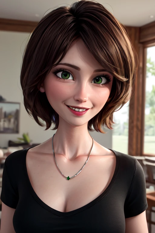(masterpiece:1.2), (best quality), (ultra detailed), (8k, 4k, intricate),(full-body-shot:1), (highly detailed:1.2),(detailed face:1.2), (detailed background),detailed landscape, ((portrait)), (dynamic pose:1.2) <lora:more_details:0.5> <lora:cass:0.7>auntcass,1girl, solo, breasts, smile, short hair, brown hair, shirt, jewelry, green eyes, upper body, short sleeves, indoors, necklace, blurry, black shirt,