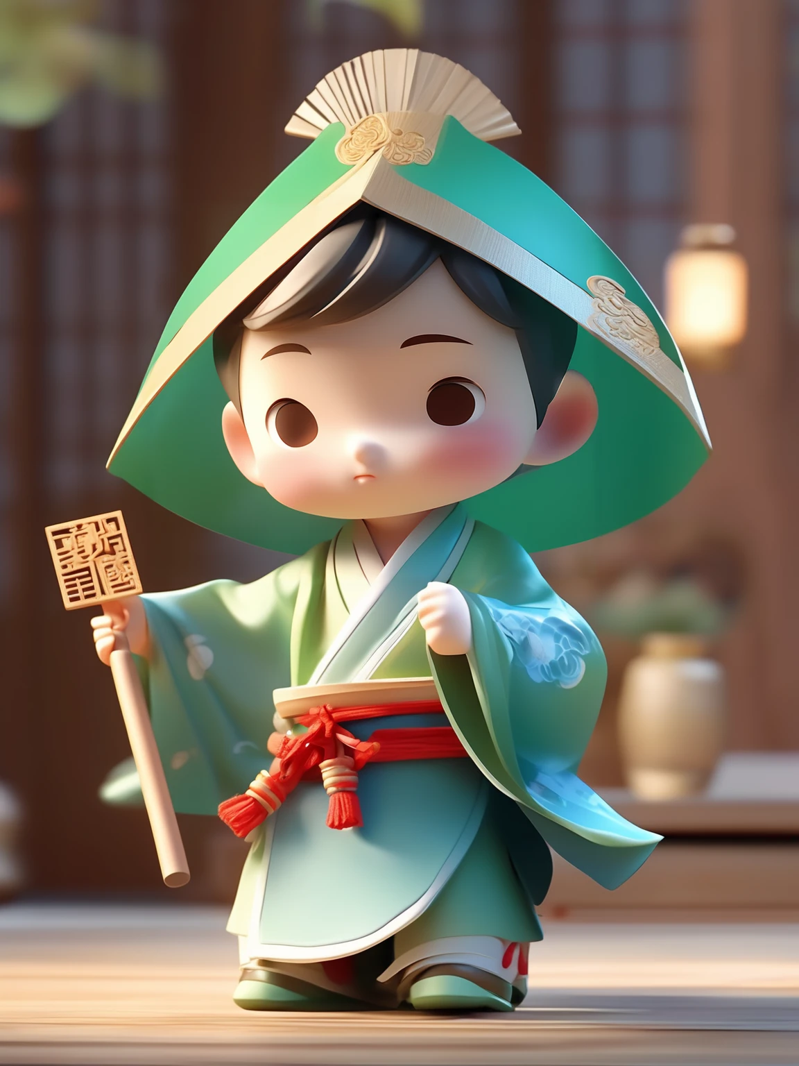 Chinese wind blind box design, a cute boy wearing traditional male silk clothing, wearing boots on the feet, traditional Chinese Hanfu, light green, blue, holding traditional Chinese folding fan, 3D art, c4d, oc rendering, ray tracing, clay material, animated lighting, depth of field, super Detail, Pixar style, 16k
