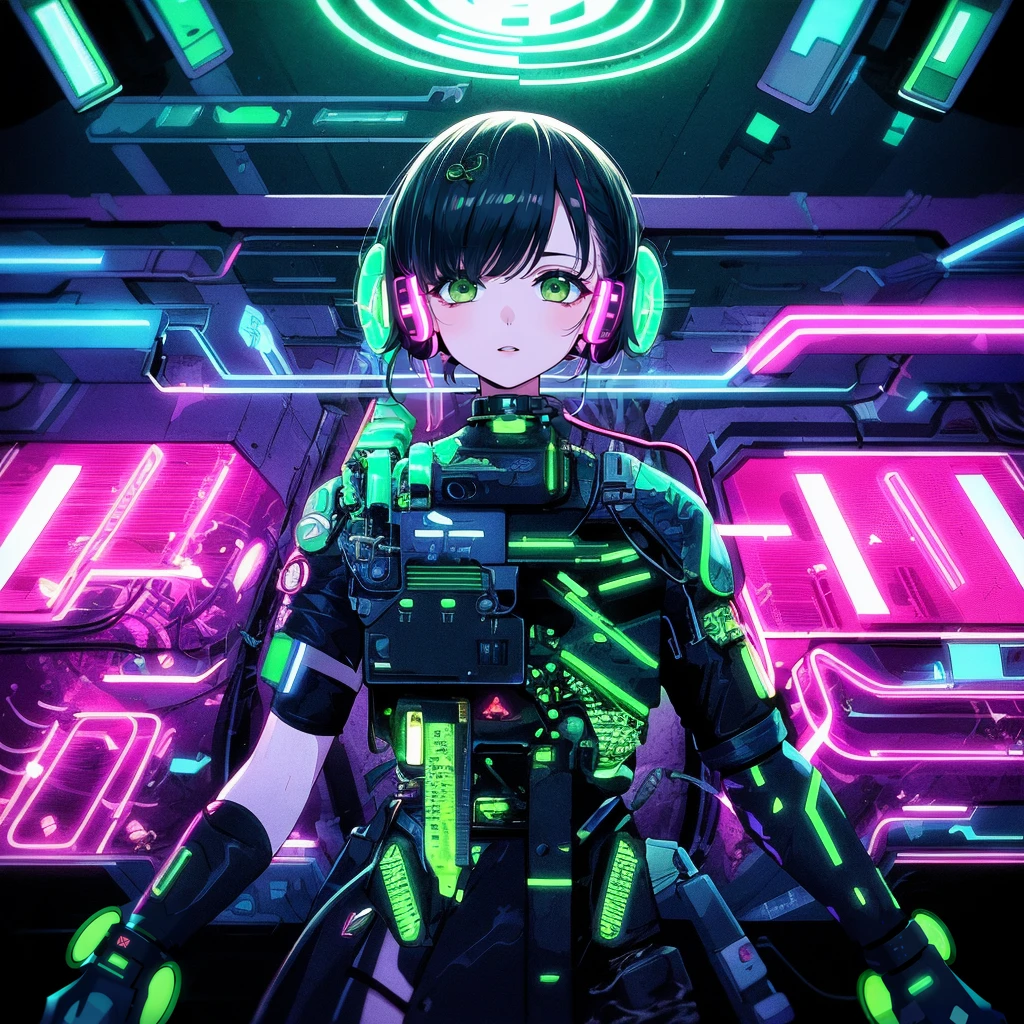 masterpiece, absurdres, best quality, best aesthetic, intricate details, 1girl, solo, (green eyes, black hair:1.2), cowboy shot, turning head, parted lips, earpiece, (shining eyes:1.1), (biopunk:1.5), (fractal art, (kaleidoscope:0.9):1), (shine effects, lighting effects:1.1), neon color, lofi color, (hyper lofi),  <lora:hyper_lofi:0.65>, (masterpiece,best quality:1.5)
