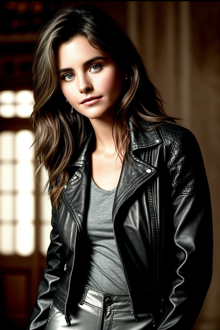beautiful woman (c0urt400:.99), beautiful hair, ((closeup portrait)), ((face focus)), (((London))), natural skin texture, ((leather jacket, gray long sleeve top, and straight-leg pants :1.2)), 24mm, 4k textures, soft cinematic light, adobe lightroom, photolab, hdr, intricate, elegant, highly detailed, sharp focus, ((((cinematic look)))), soothing tones, insane details, intricate details, hyperdetailed, low contrast, soft cinematic light, exposure blend, hdr, faded