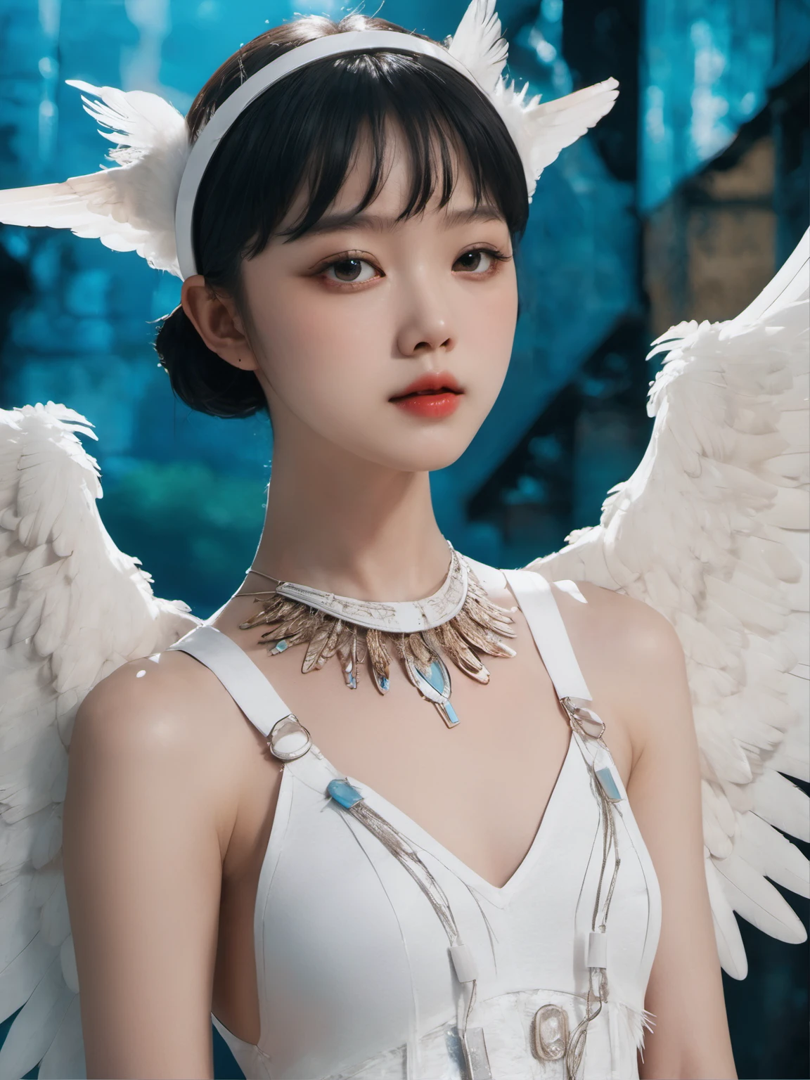 there is a woman with a white feathered dress and a white feathered headband, inspired by Wang Yuanqi, beautiful cyborg angel girl, hollywood promotional image, center parted bangs, polaroid color photo, winged eyelashes, ayami, front page, angels, 16mm film live soft color