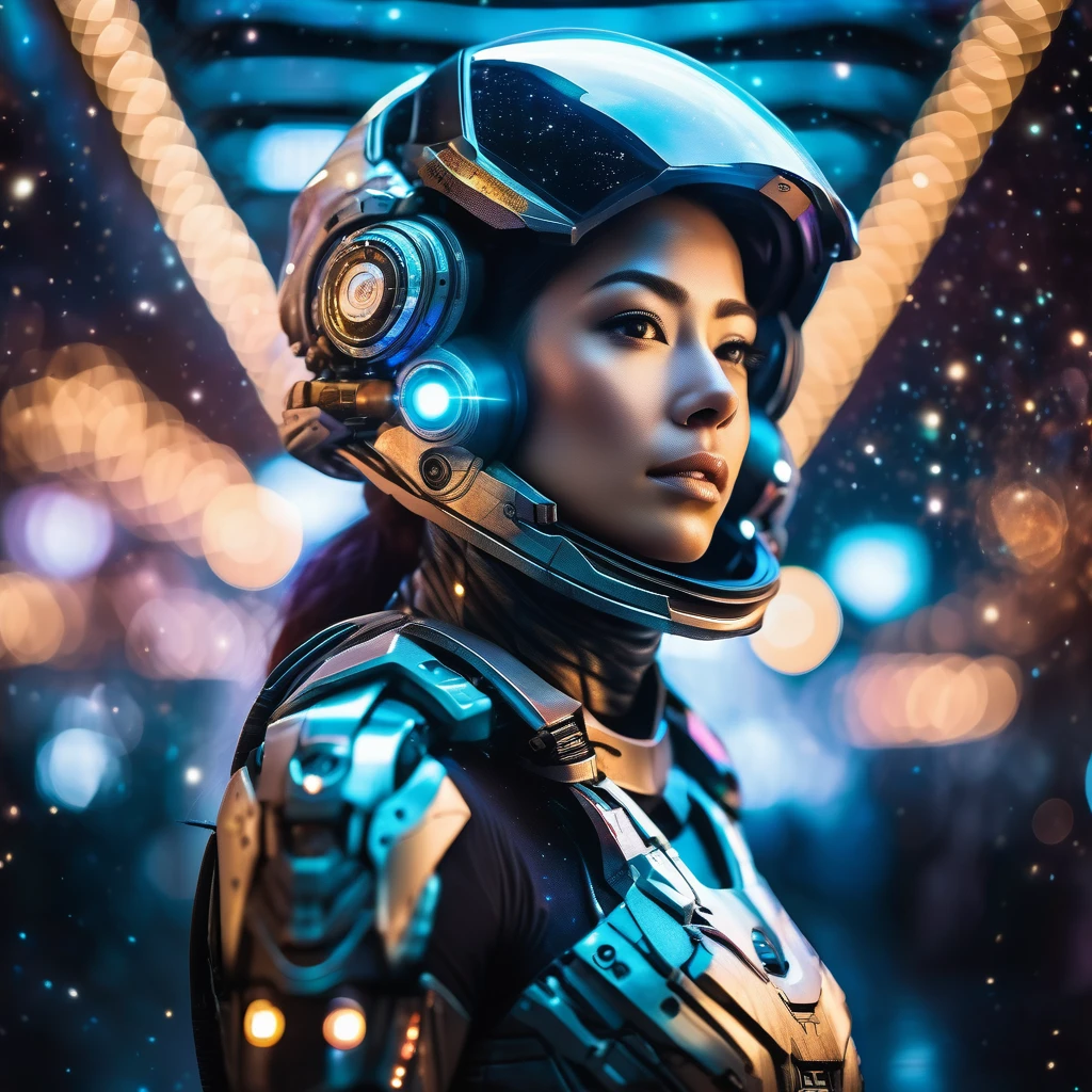 an award winning photograph of a beautiful woman, halo, intricate cyberpunk robot, highly detailed, soft bokeh Deep space nebula background, art by mooncryptowow and popular science