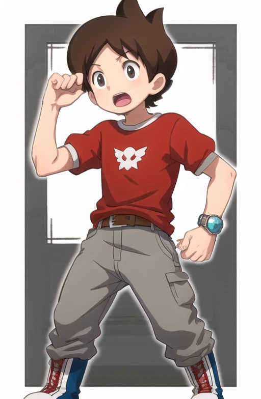 <lora:amanokeita:0.7> amanokeita, solo, open mouth, simple background, shirt, 1boy, white background, full body, short sleeves, male focus, boots, belt, pants, t-shirt, red shirt, watch, wristwatch, grey pants