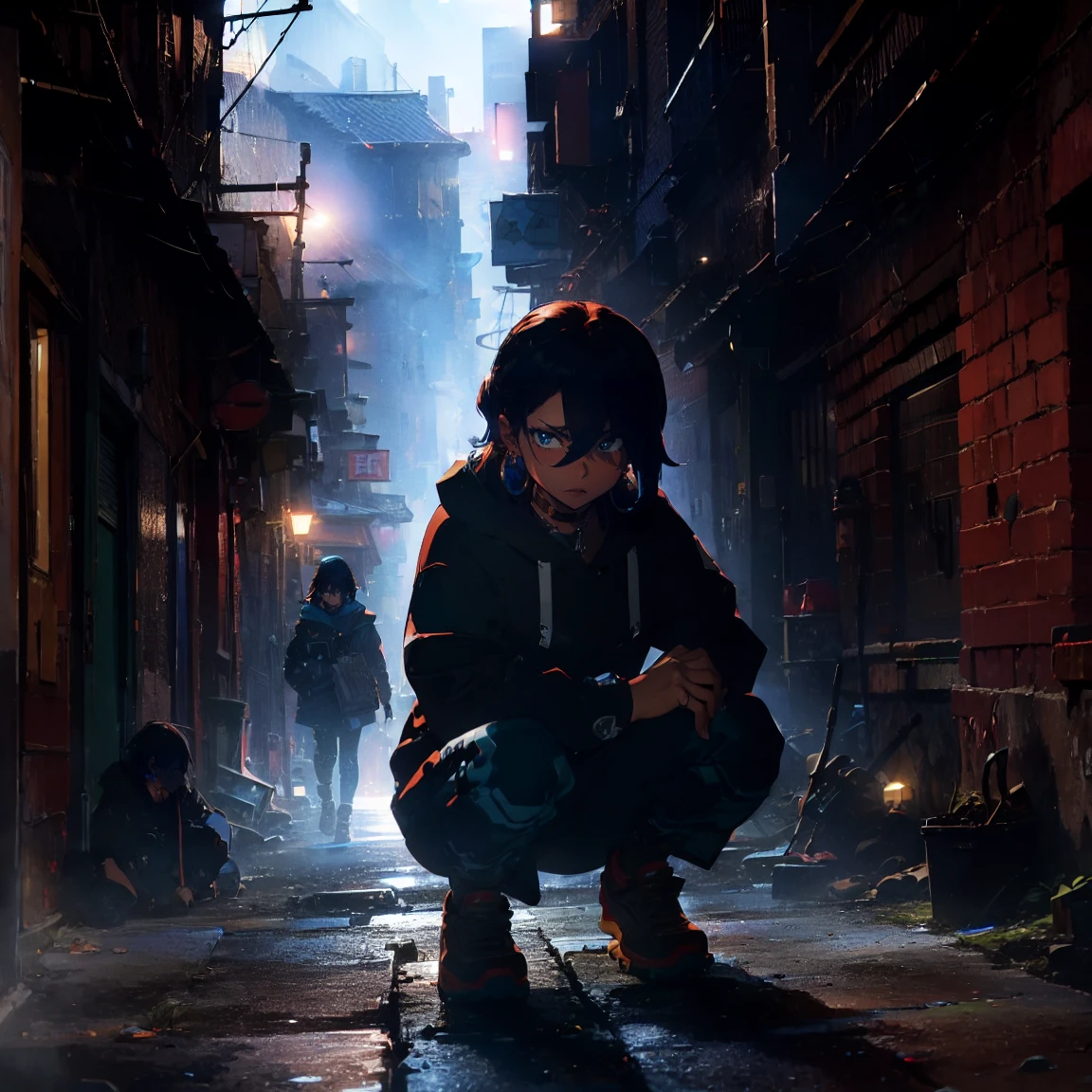 ((3girls)), crouching, thug, taunting face, dyed hair, earrings, hoodie, pant, city, intimidation, dark alley,