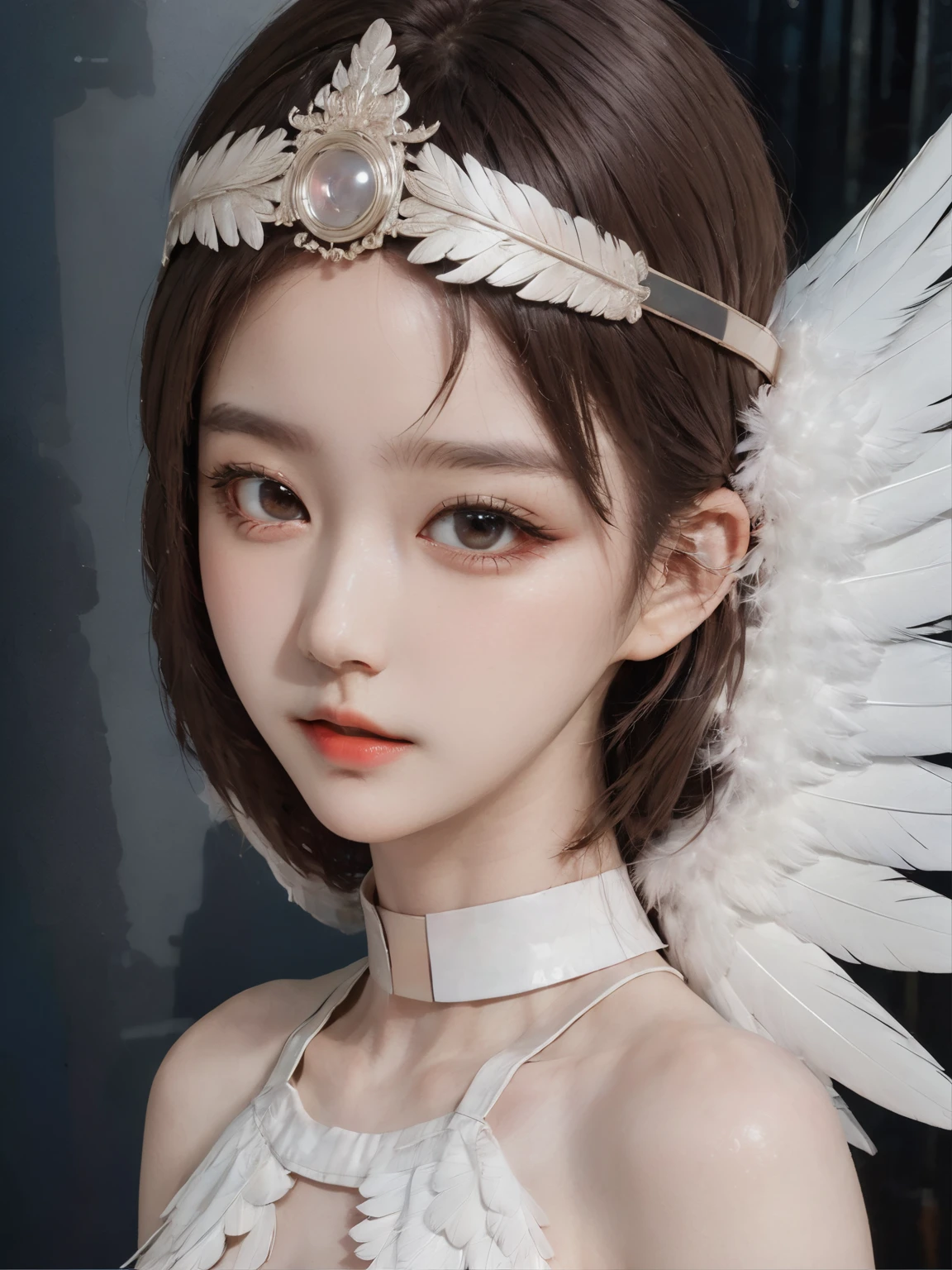 there is a woman with a white feathered dress and a white feathered headband, inspired by Wang Yuanqi, beautiful cyborg angel girl, hollywood promotional image, center parted bangs, polaroid color photo, winged eyelashes, ayami, front page, angels, 16mm film live soft color