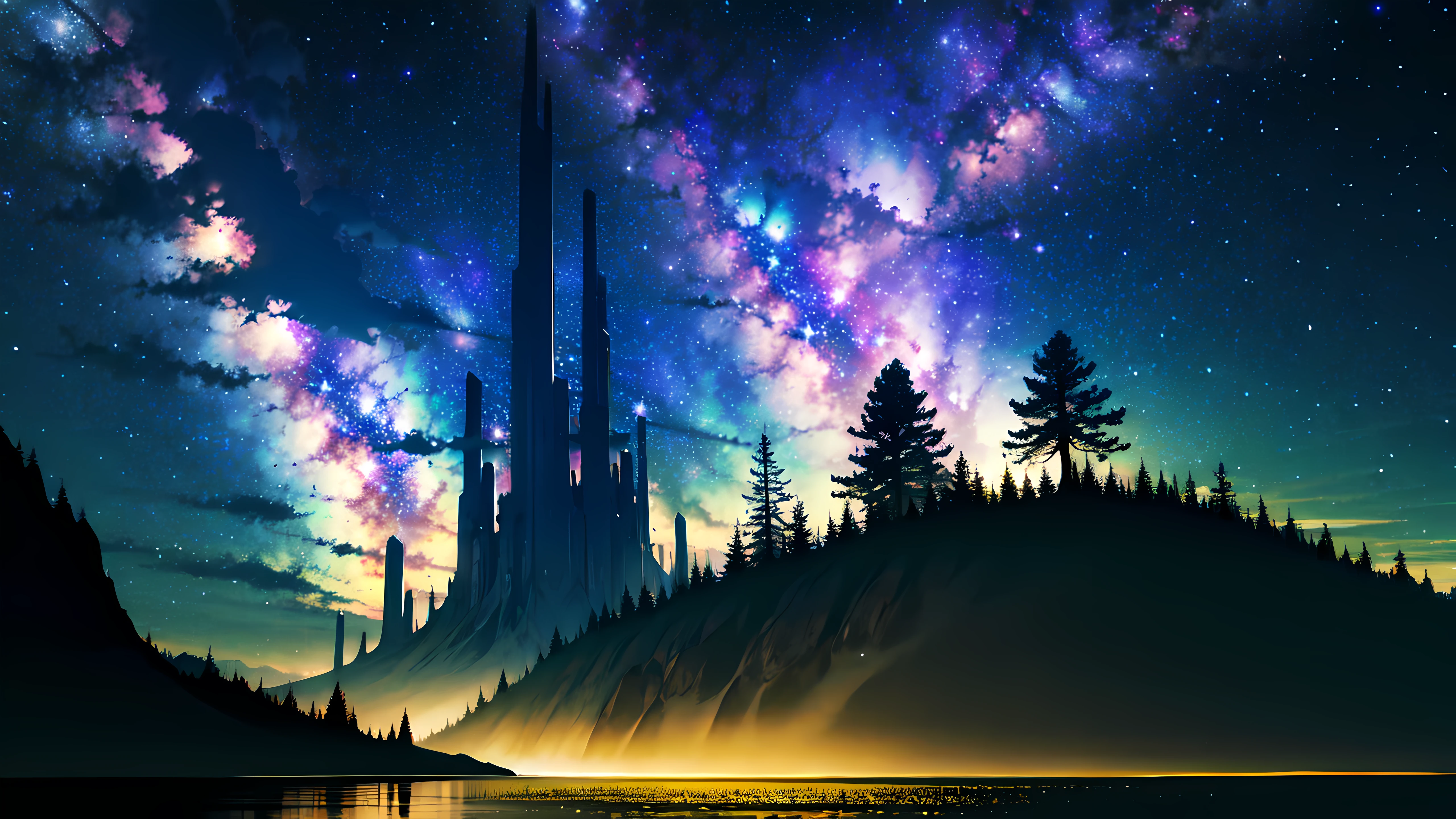 galaxy sky, big tree, dramatic atmosphere, flying island, waterfall.