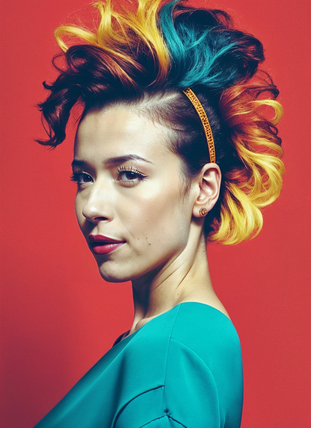 portrait of ((sks woman)) by Flora Borsi, style by Flora Borsi, bold, bright colours, Mohawk haircut, ((Flora Borsi)), by Dominique Issermann
