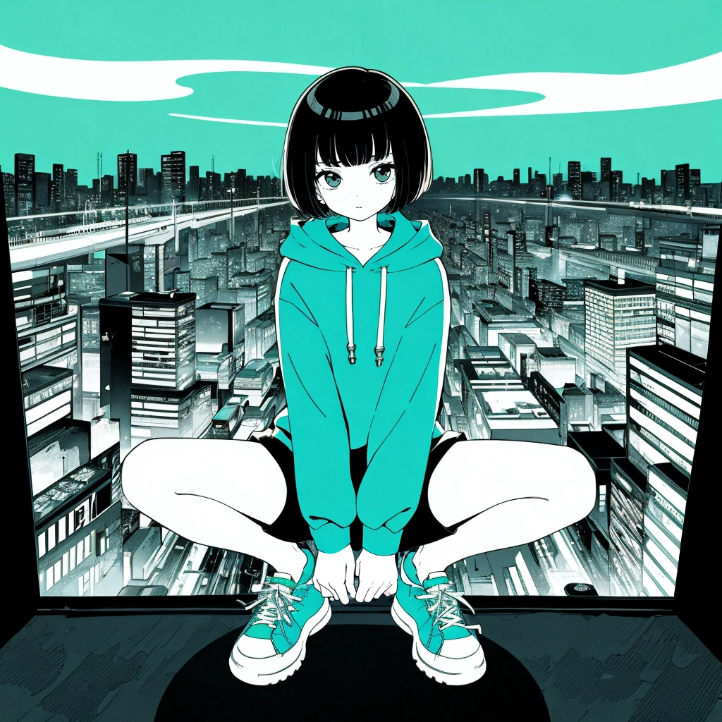 1girl, vector art, flat colors, pop art, pattern, city scenery, hoodie, shorts, sneakers, bobcut, full body, pose, squatting, lofi color, (hyper lofi), <lora:hyper_lofi:0.5>, (masterpiece,best quality:1.5)