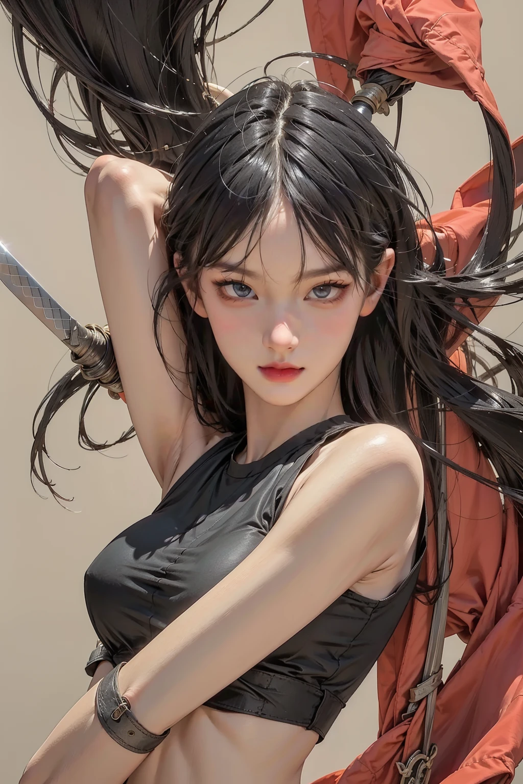 Best quality,ultra high res,(photorealistic:1.4)1girl,weapon,sword,long hair,black hair,holding,white background,solo,holding weapon,blood,holding sword,arm guards,simple background,male focus,blood on weapon,looking at viewer,black eyes,tabi,floating hairfull body,<lora:wuxia:0.8>,medium brown,upper body,croptop,lying,
