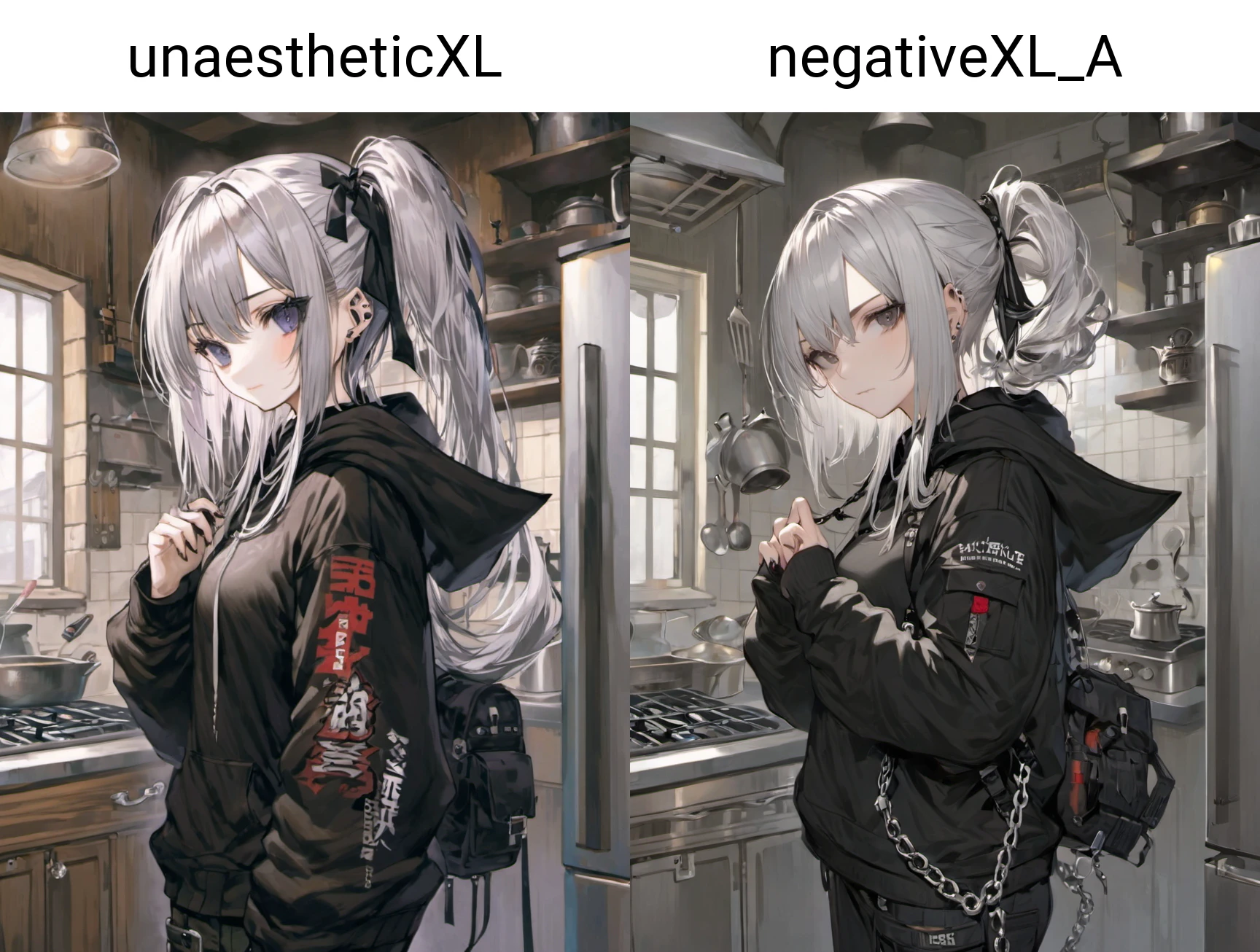 1girl, face focus,platinum hair, medium hair, flipped hair, quad tails hair, parted bangs bangs, hoodie cargo pants chain , gothic kitchen