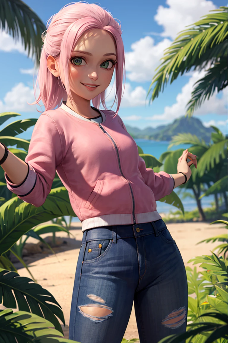 ((masterpiece,best quality)), absurdres,
<lora:Brooklynn_Jurassic_Park:0.5>, Brooklynn_Jurassic_Park,  pink jacket, torn jeans, 
solo, smiling, looking at viewer, cowboy shot, 
tropical background, cinematic composition, dynamic pose,