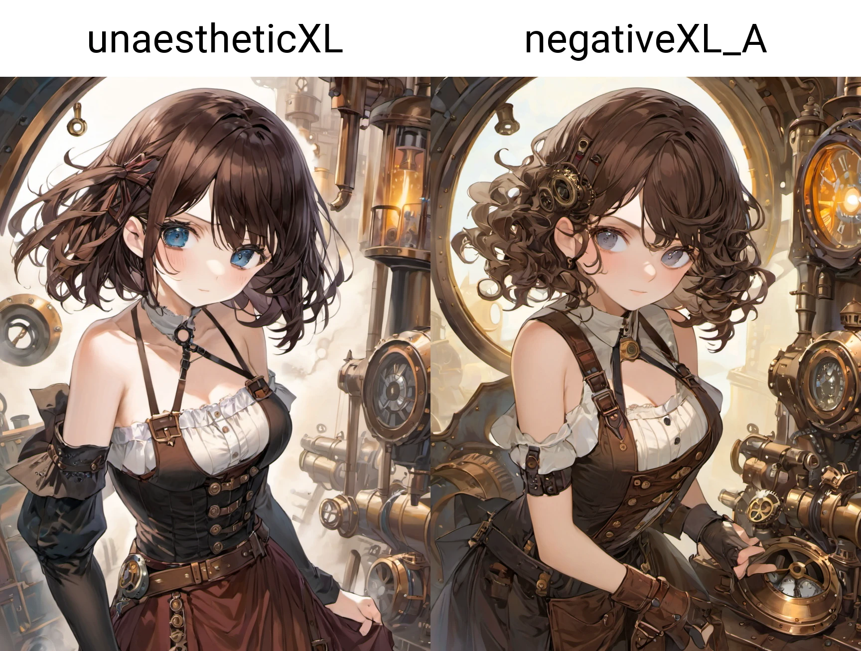 1girl, medium hair, wavy hair, parted bangs bangs, camisole skirt straps , steampunk theatereen eyes,