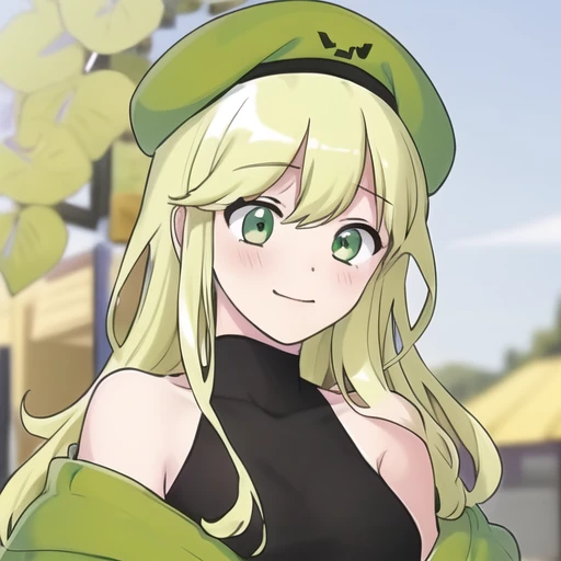 (masterpiece, best quality:1.2),illustration,1girl,upper body,long_hair,breasts,blush,smile,bangs,green hair,shirt,hat,hair_between_eyes,bare_shoulders,closed_mouth,green_eyes,collarbone,jacket,skirt,thighhighs,pleated_skirt,black_thighhighs,shoes,green_hair,sleeveless,off_shoulder,black_shirt,sleeveless_shirt,beret,green_jacket,green_headwear, <lora:Creeper-Bubble:0.8>