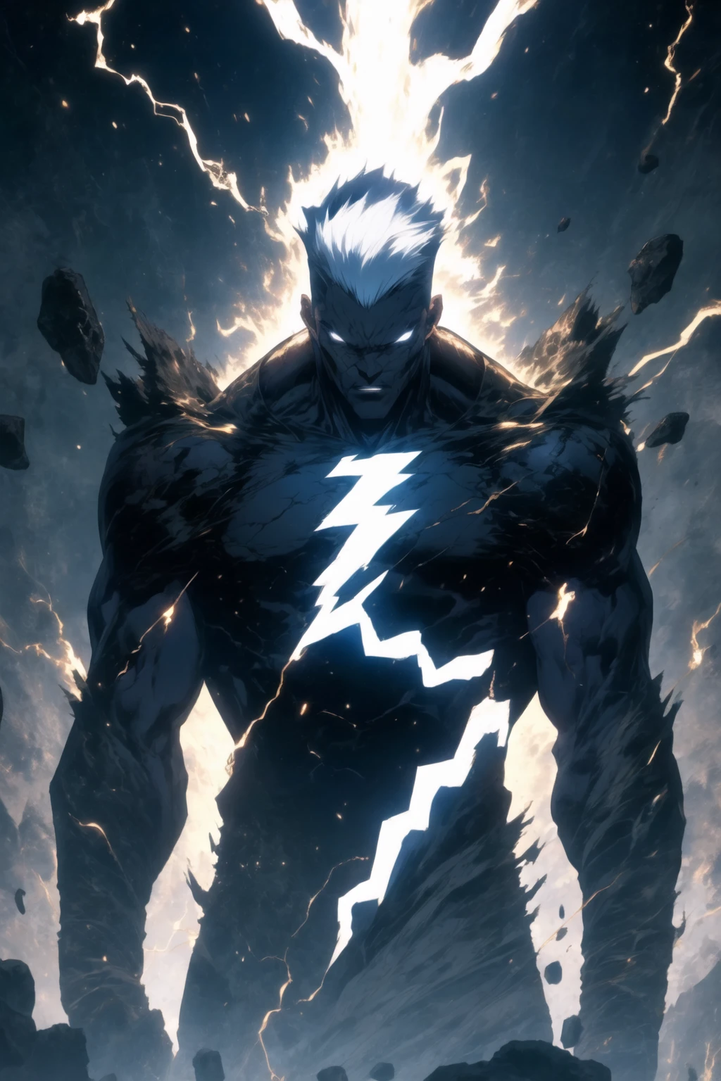 black humanoid made of rock, upper body, barechested, male, ((masterpiece, best quality)), <lora:more_details:0.3>, cracked skin, white electricity coming through cracks, muscular male, (dragonborn:0.6), white hair
outdoors, detailed background <lora:dragonborn_offset:0.6> <lora:r1ge - AnimeRage:1> <lora:Cracked Skin:1.2>
, depth of field