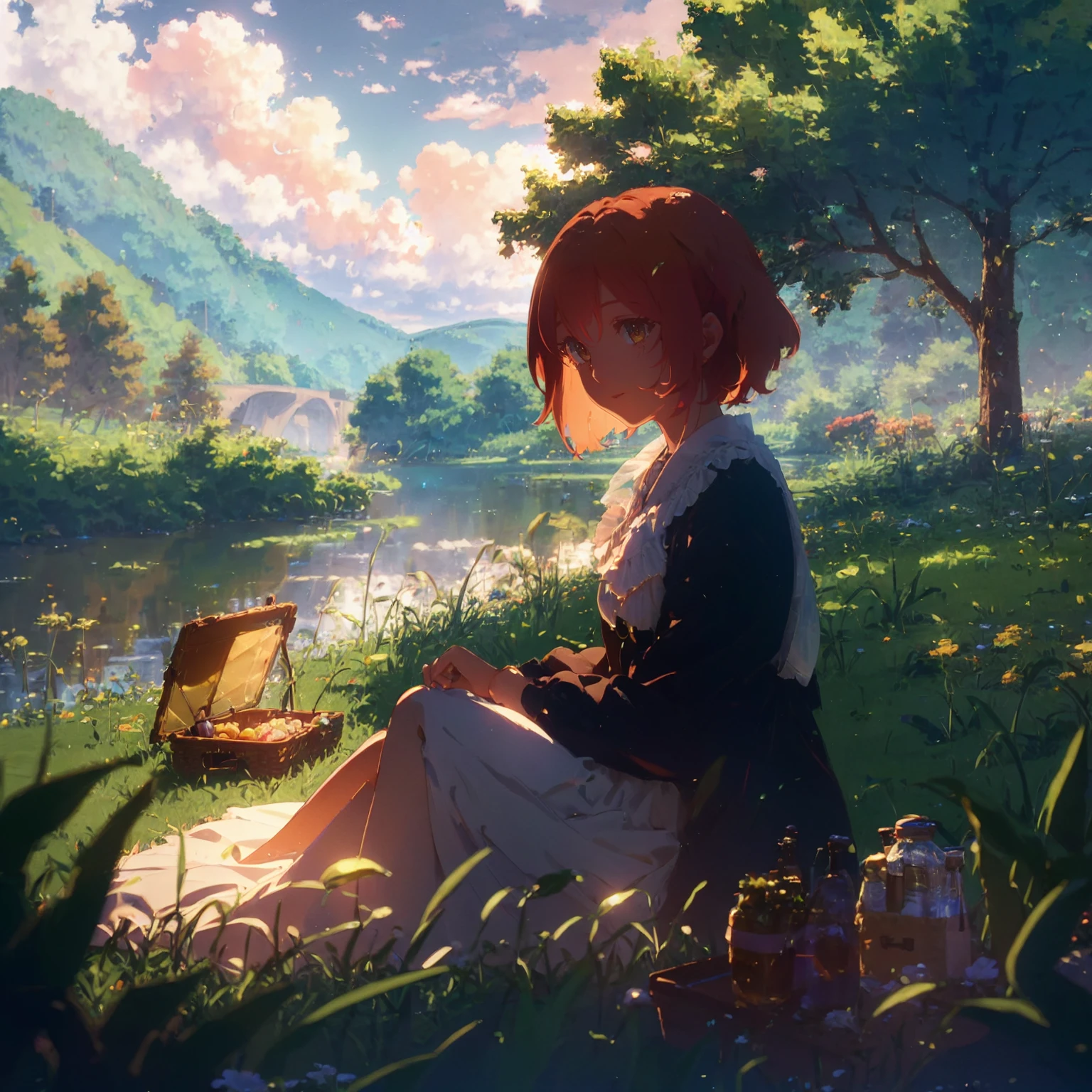 1Girl, mature, American, redhead, medium hair, yellow eyes, sitting on a picnic blanket near a lake, elegant summer dress, happy, grass, tree, lake, clouds, highest quality, highly detailed, 4K, 8K, UHD,