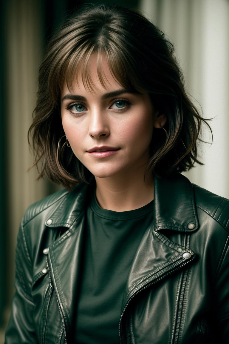 portrait of skswoman, bad , wearing outerwear , with chocolate Shag haircut , background alleyway epic (photo, studio lighting, hard light, sony a7, 50 mm, matte skin, pores, colors, hyperdetailed, hyperrealistic), <lyco:Aura GarridoV3:1.1>