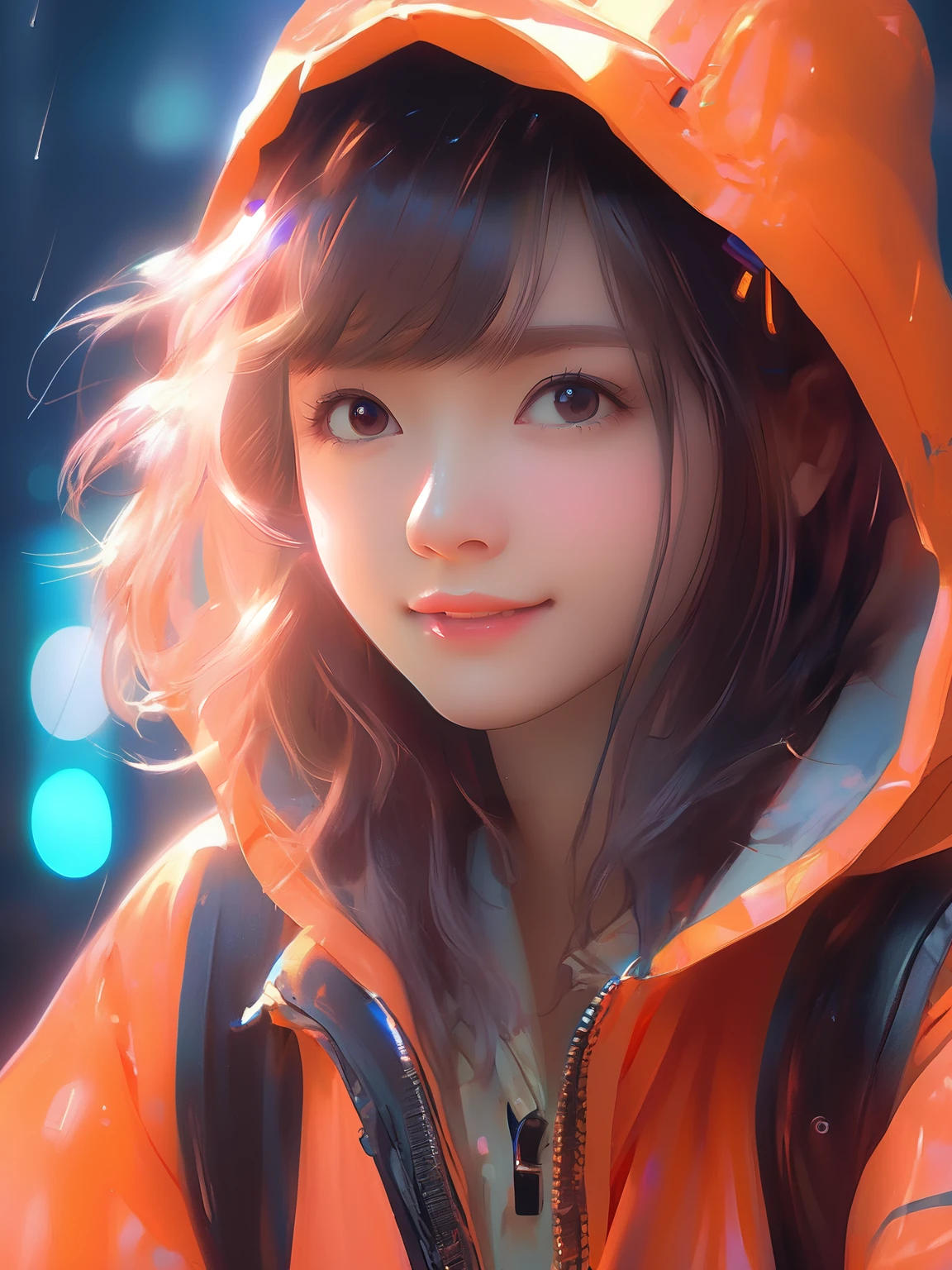 masterpiece, best quality, half body, portrait, night city, 1girl, anime, 3D, Japan, pixar, realistic, teen girl, smiling, cute face, harajuku fashion style, rain coat, beautiful, colourful, neon lights, cyberpunk, smooth skin, illustration, artstation, painting by stanley artgerm lau, sideways glance, foreshortening, extremely detailed 8K, smooth, high resolution, ultra quality, highly detail eyes, highly detail mouth, highly detailed face, perfect eyes, both eyes are the same, true light, glare, Iridescent, Global illumination, real hair movement, real light, real shadow, real face, hd, 2k, 4k, 8k, 16k, realistic light, realistic shadow, bright Eyes, fluorescent eyes, soft light, dream light