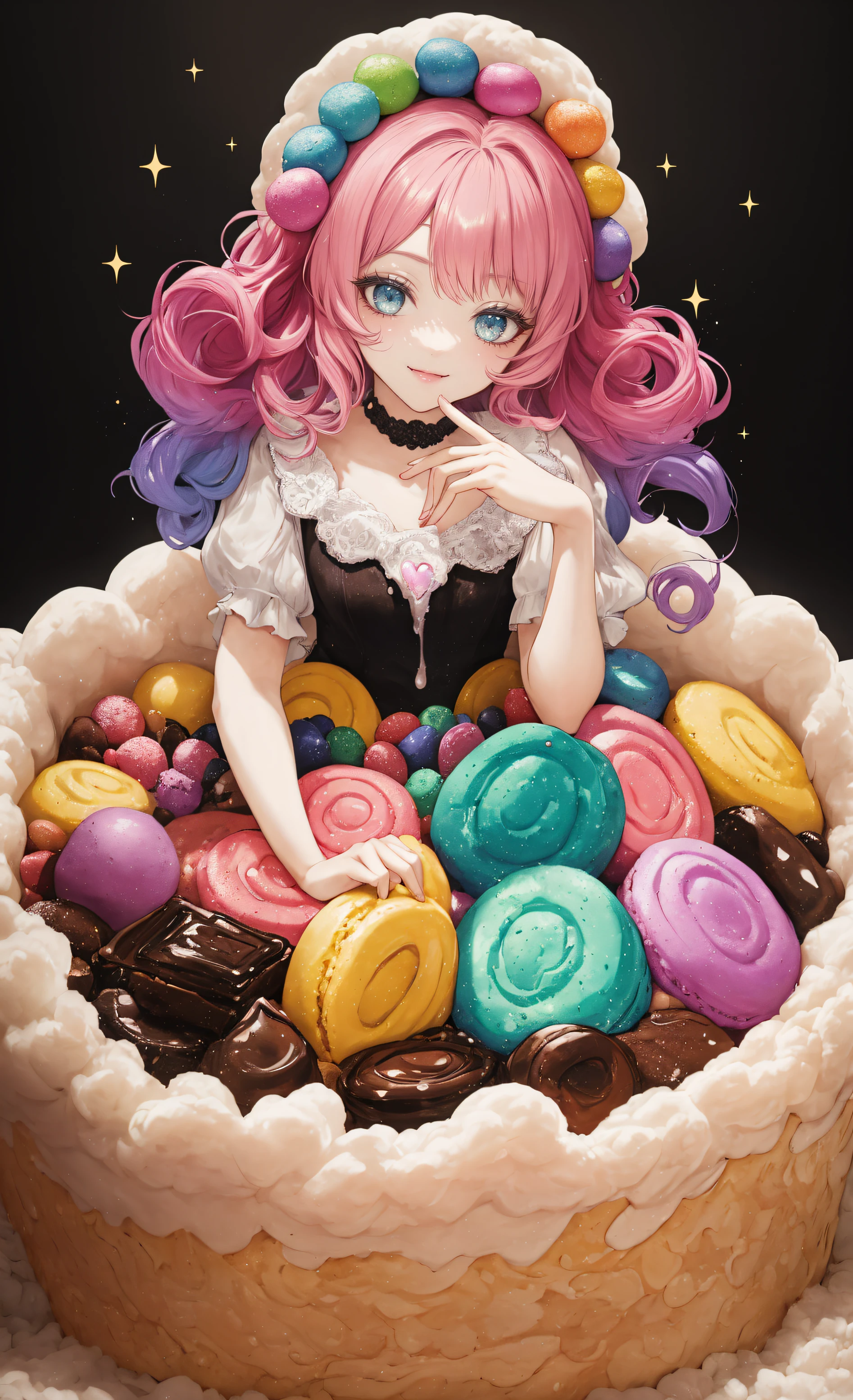 (Masterpiece, best quality:1.3), highly detailed, fantasy, <lora:Candyland-10:0.75>, 8k, candyland, dynamic,solo, 2d, faux traditional media, illustration, candy print, upper teeth, updo, curls, pose,  full body, beautiful woman, head tilt, sitting, in container, long hair, curls, smile, looking at viewer, naughty face,  (detailed eyes, detailed face), (candy clothing:1.1), frilled skirt, center frills, heels, (shiny),  (details), perfect, beautiful, dreamy, heart, colorful, vivid, cinematic, pinup:0.2, ultra-detailed, full background, [hyperrealistic:0.2], perfect hands, fantasy, (depth of field),  rainbow, syrup, cookie, macaron, chocolate bar, glitter, scenery, ((no humans)), drizzle, beautiful, (shiny:1.2), various colors, extremely detailed, (gradients), dripping, (glaze), bloom:0.2, shadow, ((food focus)), focus face, sharp focus, beads