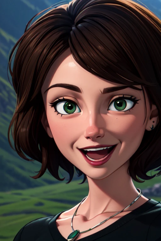 (masterpiece:1.2), (best quality), (ultra detailed), (8k, 4k, intricate),(full-body-shot:1), (highly detailed:1.2),(detailed face:1.2), (detailed background),detailed landscape, ((portrait)), (dynamic pose:1.2) <lora:more_details:0.5> <lora:cass:0.7>auntcass, 1girl, solo, smile, short hair, open mouth, brown hair, shirt, jewelry, green eyes, upper body, necklace, blurry, black shirt