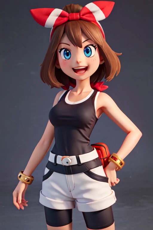 (masterpiece:1.2), (best quality), (ultra detailed), (8k, 4k, intricate),(full-body-shot:1), (highly detailed:1.2),(detailed face:1.2), (detailed background),detailed landscape, ((portrait)), (dynamic pose:1.2) <lora:may:0.7>may, 1girl, ((solo)), breasts, looking at viewer, smile, open mouth, blue eyes, brown hair, shirt, ribbon, jewelry, medium breasts, collarbone, hair ribbon, cowboy shot, hairband, shorts, sleeveless, bracelet, red ribbon, hand on hip, short shorts, sleeveless shirt, bike shorts, index finger raised, poke ball, white shorts, red hairband, poke ball (basic), bow hairband, fanny pack, bike shorts under shorts