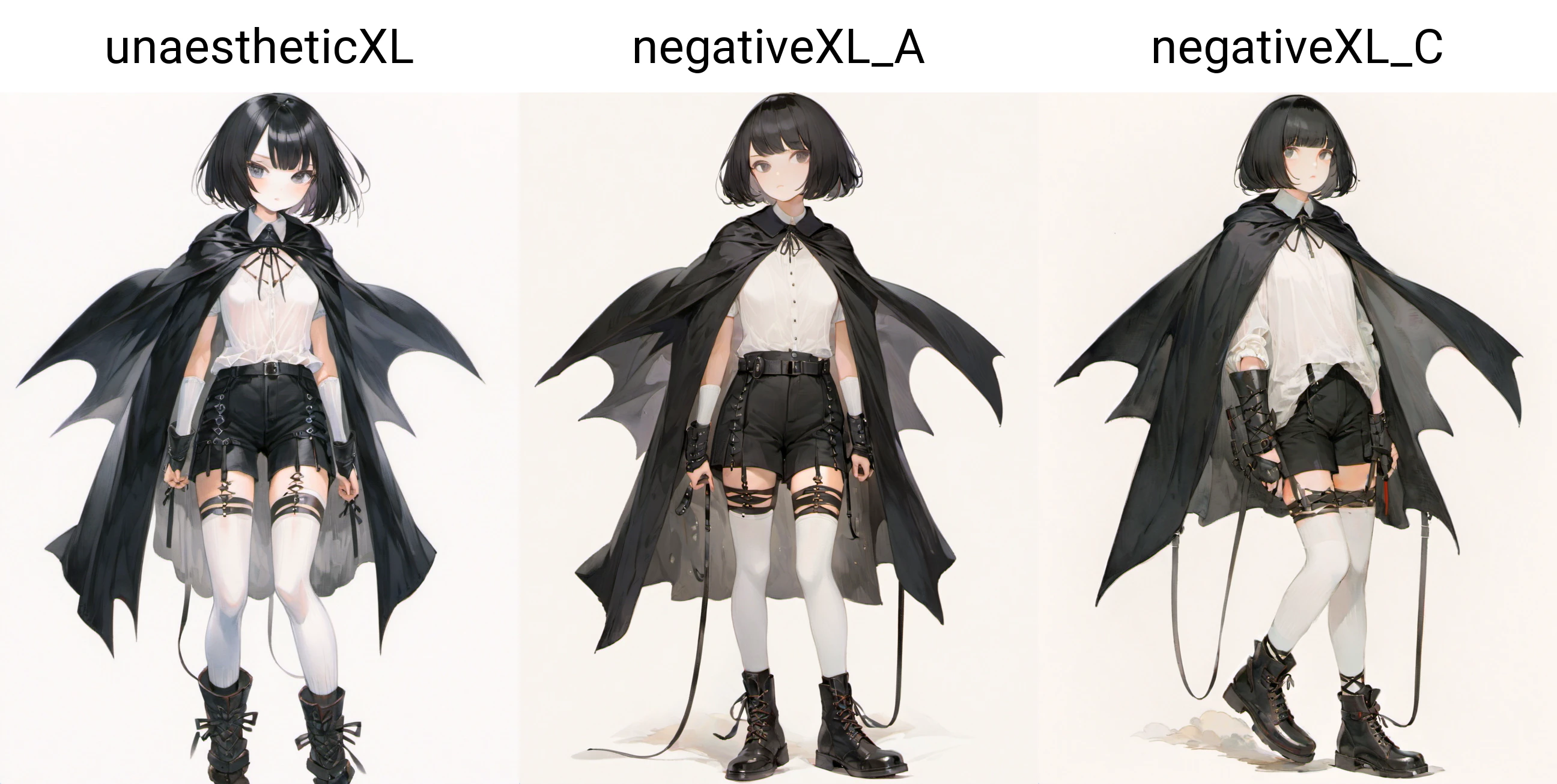 ( SimplePositiveXLv1:0.7),1girl,black short bob hair, black cloak de cour, black shorts, lace-up boots, white long socks, white shirt, chest harness,white background