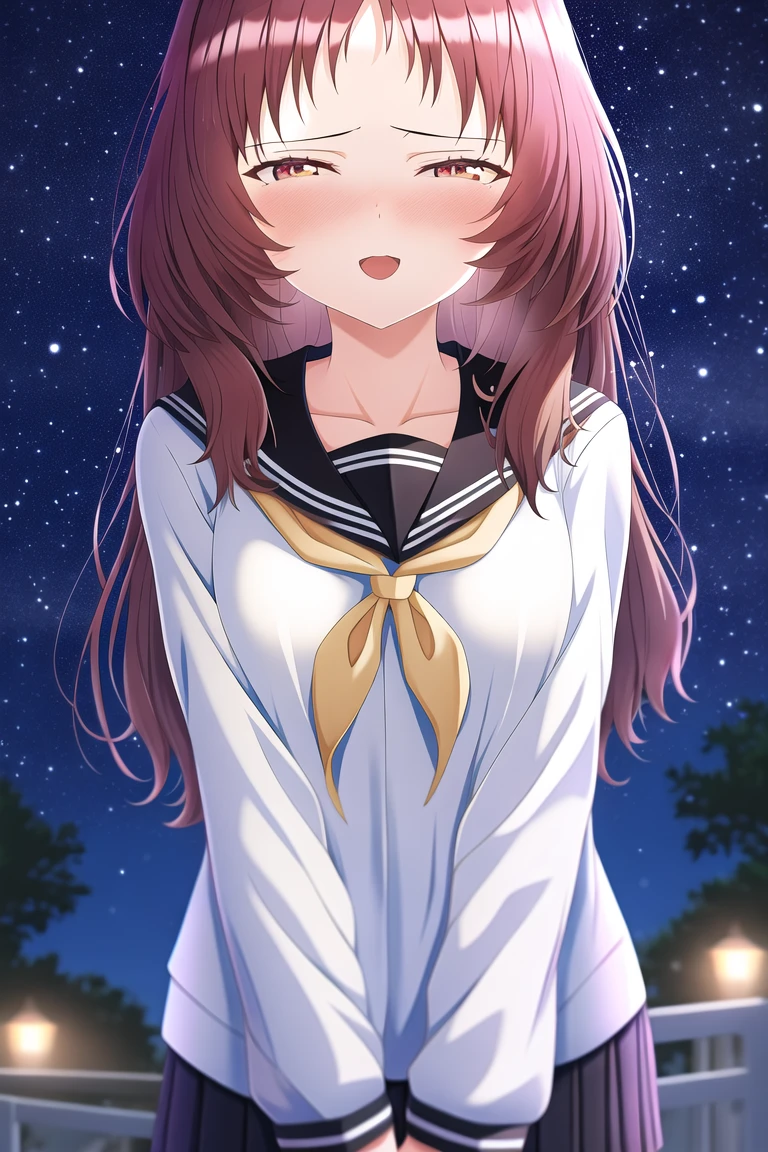 highres, 1girl, mie ai, squinting, small breasts, serafuku, outdoors, sky, night,